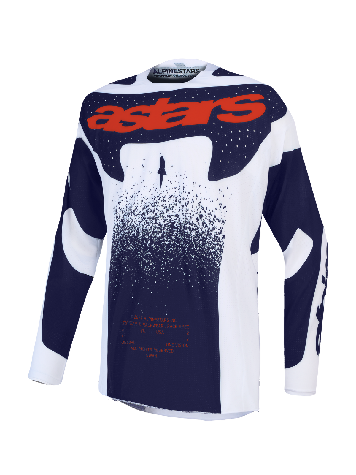 Alpinestars Techstar Swan Trikot, Motocross-Oberteil in Helllila, Dunkelgrau und Red Fluo, athletische Rennpassform.