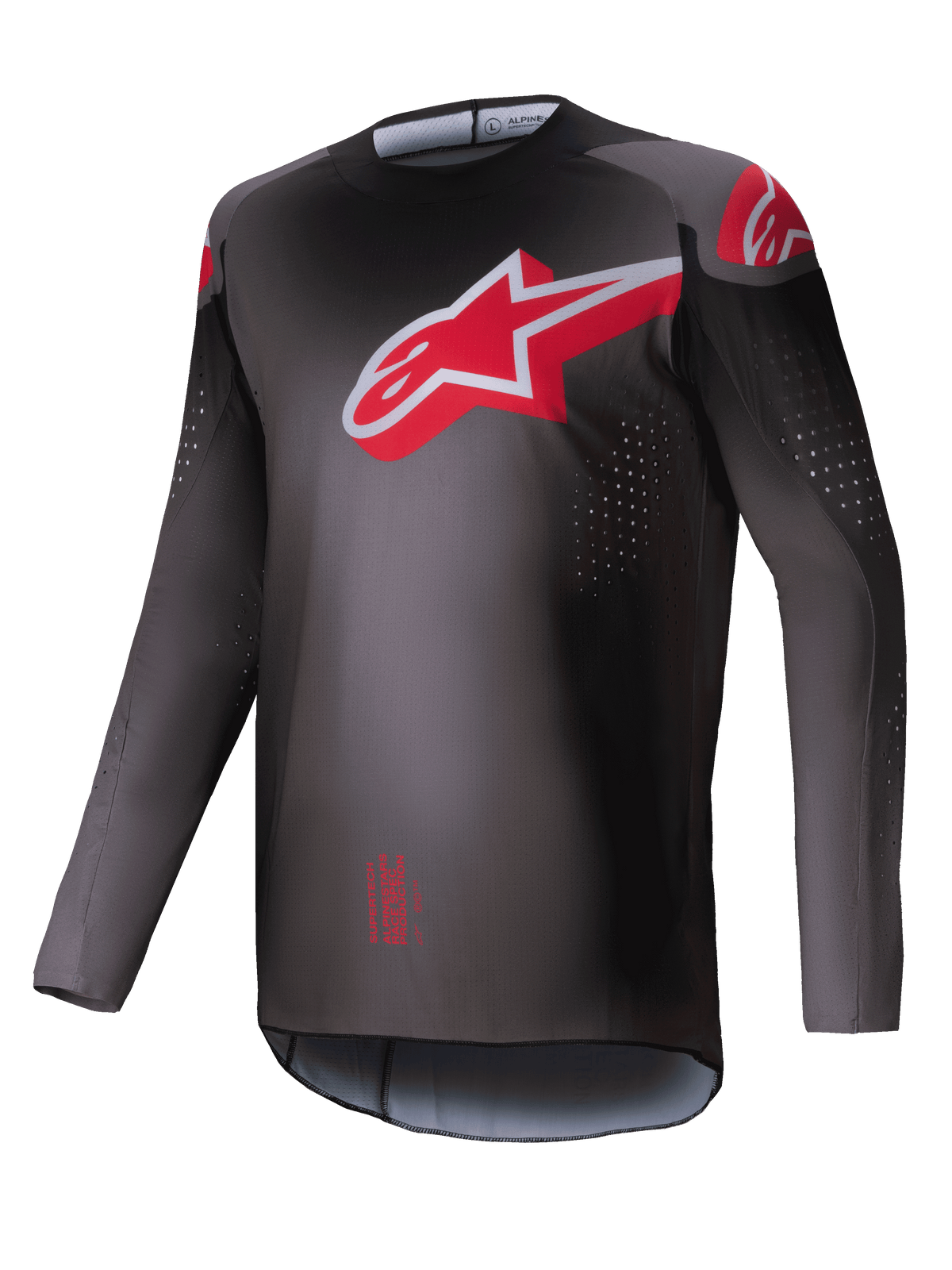 Alpinestars 2025 Supertech Lipan Trikot, Motocross-Trikot für Herren, Rauchergrau und Hellrot, leichtes Stretch-Mesh mit lasergeschnittenen Perforationen