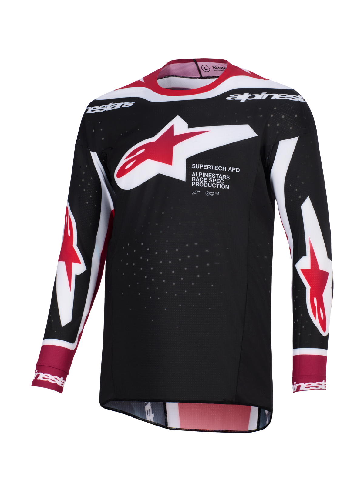 Alpinestars 2026 Supertech AFD Vista Jersey, Motocross Jersey, Black Red and White, featuring a large red and white Alpinestars star logo on the chest with 'Supertech AFD' text, perforated mesh fabric for ventilation, and an athletic racing fit.