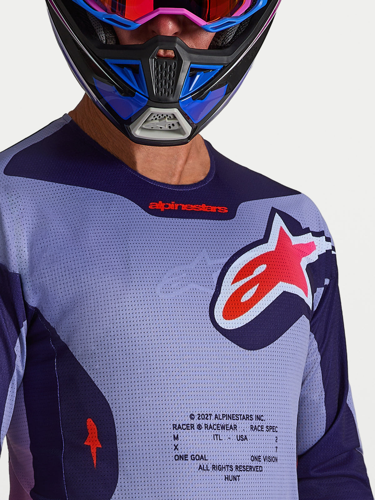 Alpinestars Racer Air Hunt Trikot, Motocross-Trikot für Herren, Lila und Hellviolett, Mesh-Gewebe, Race-Spec-Grafik.