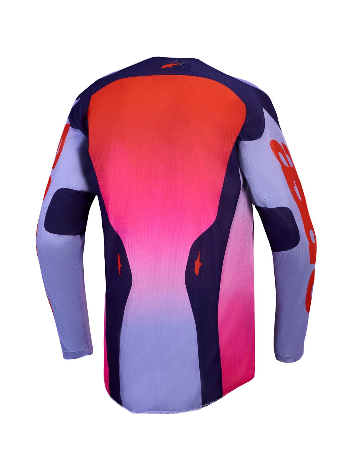 Alpinestars Racer Air Hunt Trikot, belüftetes Motocross-Jersey in Lila und Rot mit Farbverlauf, Rückansicht aus atmungsaktivem Mesh-Material für maximale Belüftung beim Offroad-Einsatz.