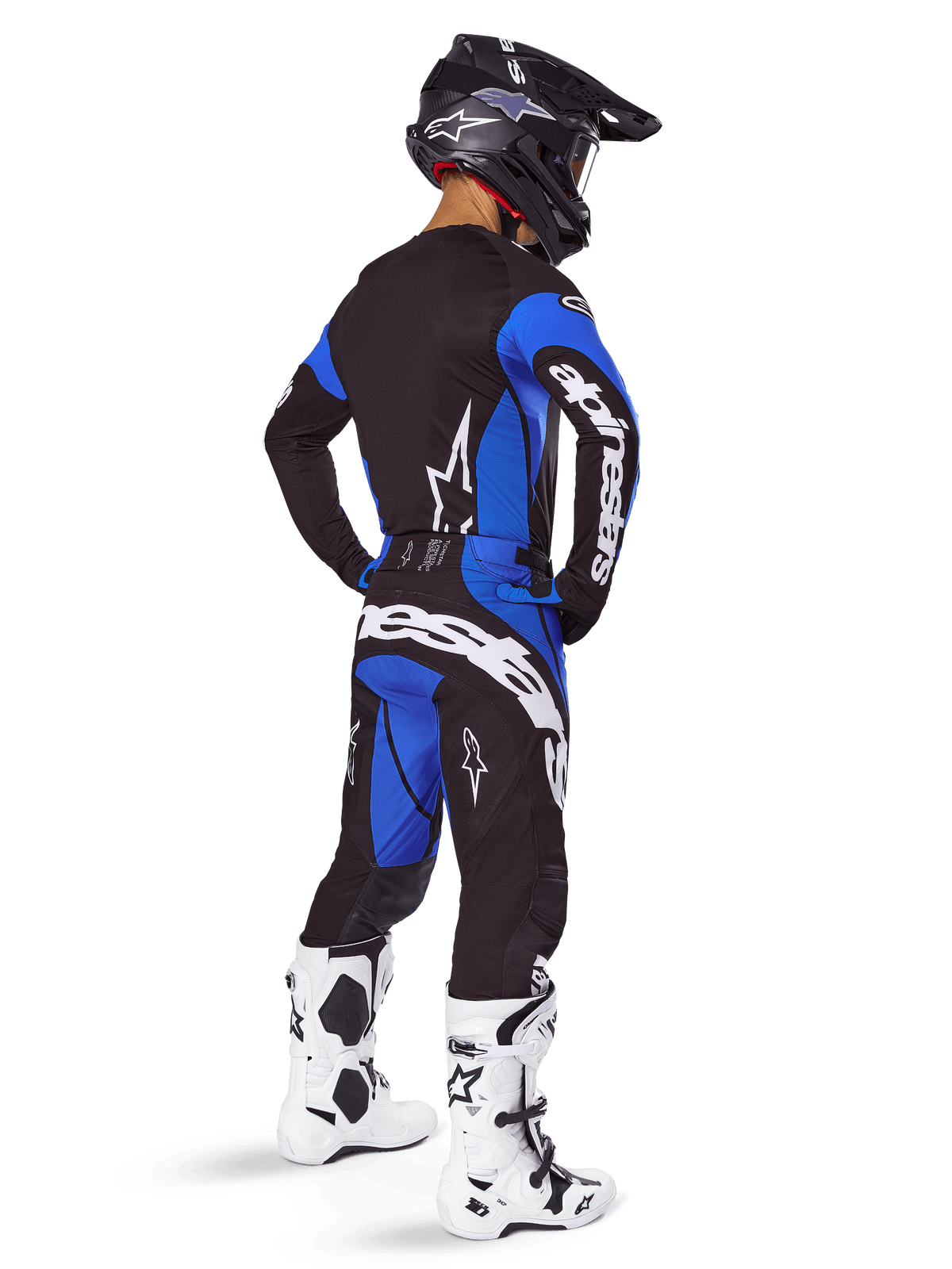Alpinestars 2025 Techstar Dreem Bekleidungsset und Trikot, Motocross-Outfit für Herren, Schwarz und Blau, Rückansicht.