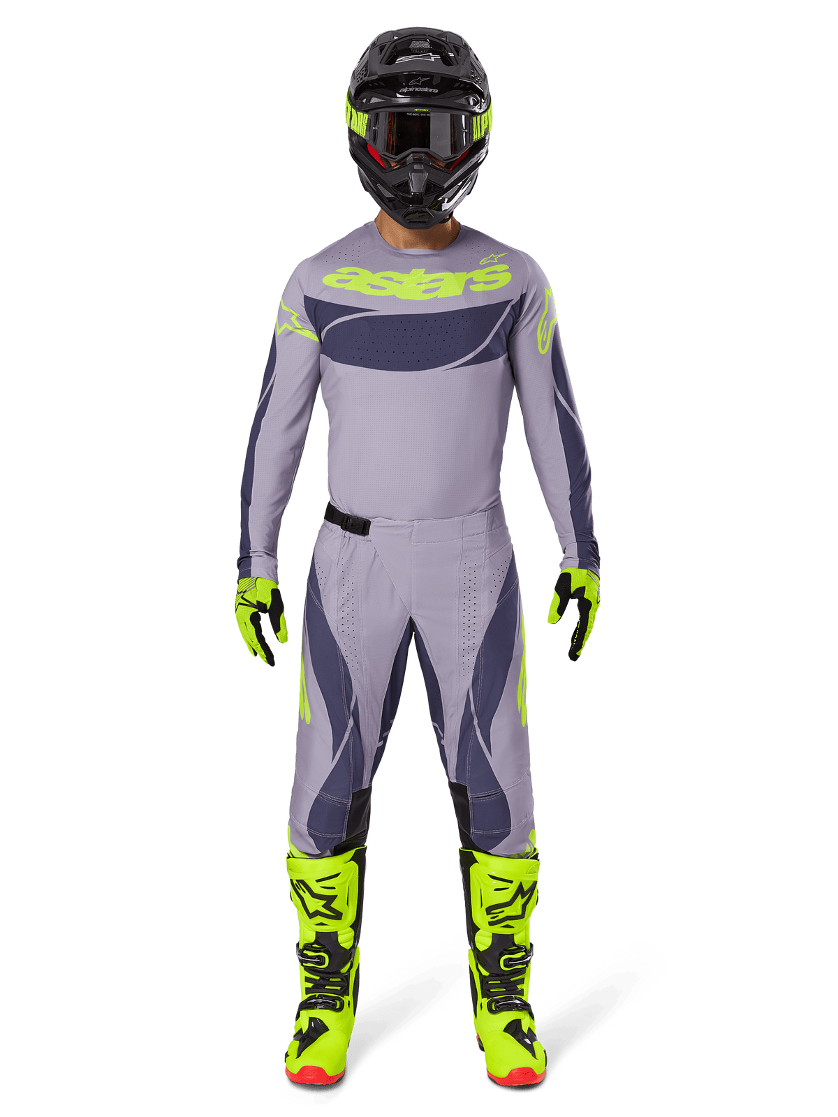 Motocross-Fahrer in kompletter Rennausrüstung, 2025 Techstar Dreem Trikot in Grau und Dunkelgrau mit neongelbem Branding, passende grau-dunkelgraue Hose, neongelbe und schwarze Stiefel, schwarzer Helm mit Neon-Akzenten, abgestimmtes Outfit für professionellen Motocross