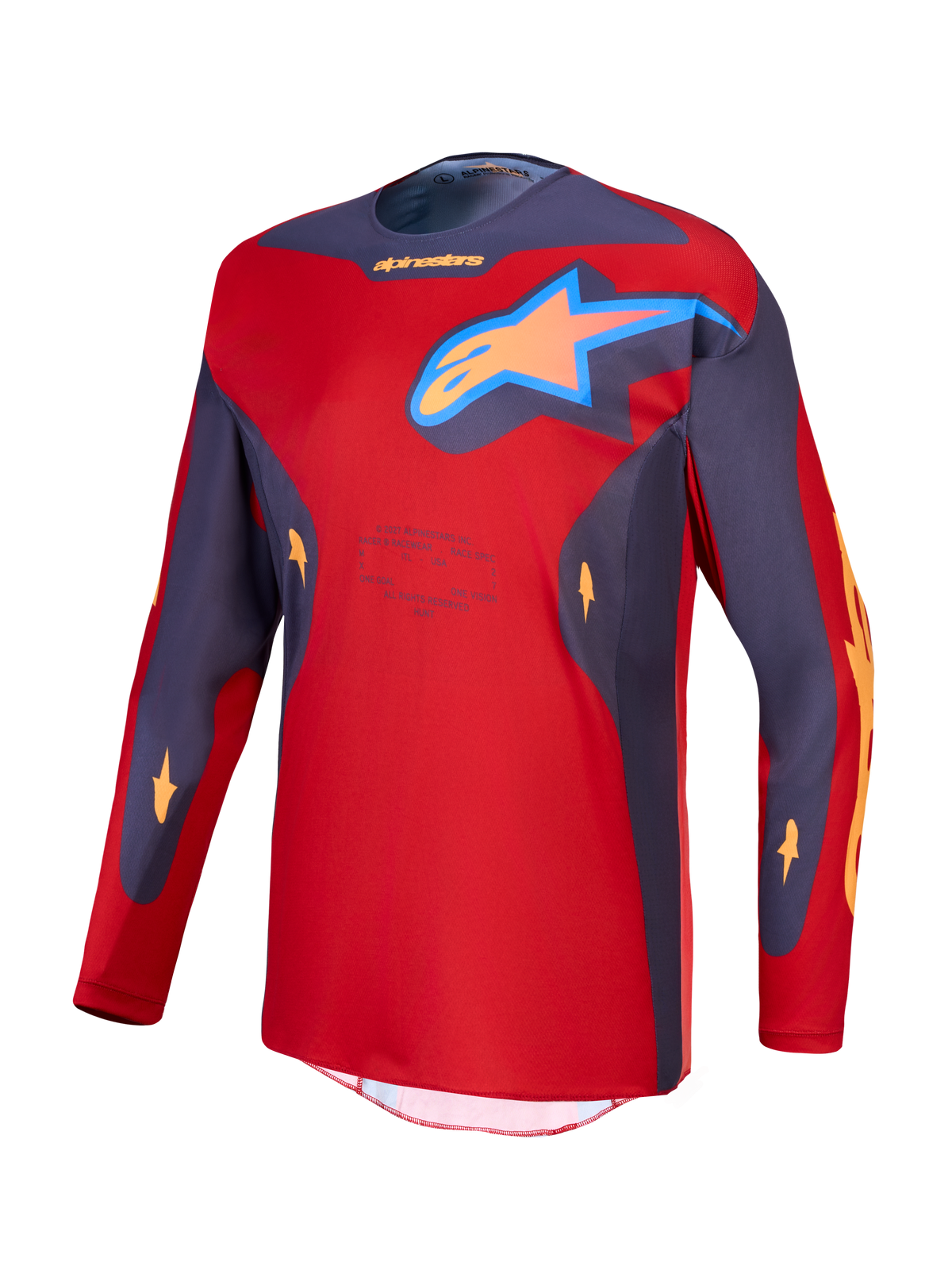 Alpinestars Racer Hunt Trikot, Herren-Motocross-Rennsport, Rot und Grau, feuchtigkeitsableitendes Polygewebe mit Stern-Logo.