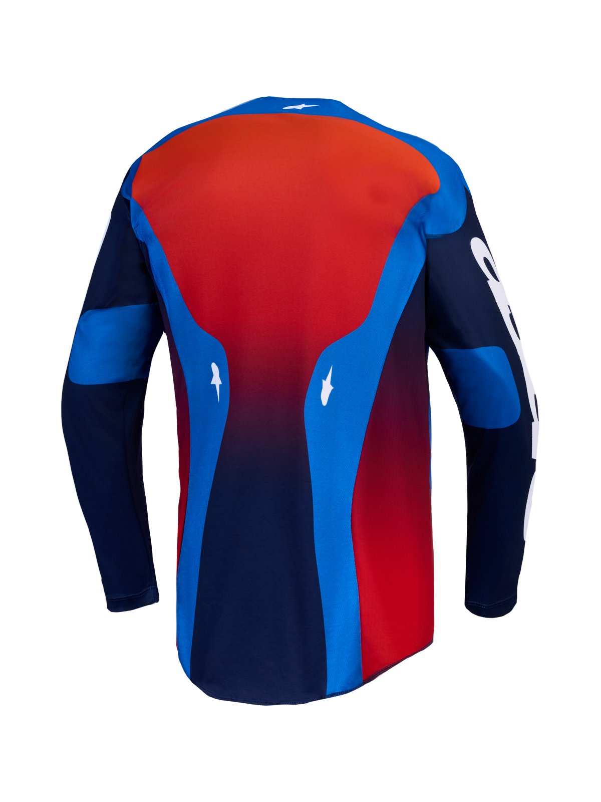 Alpinestars 2027 Racer Hunt Trikot, blau-rotes Herren-Motocrosstrikot, Rückansicht mit feuchtigkeitsableitendem, langem Saum.