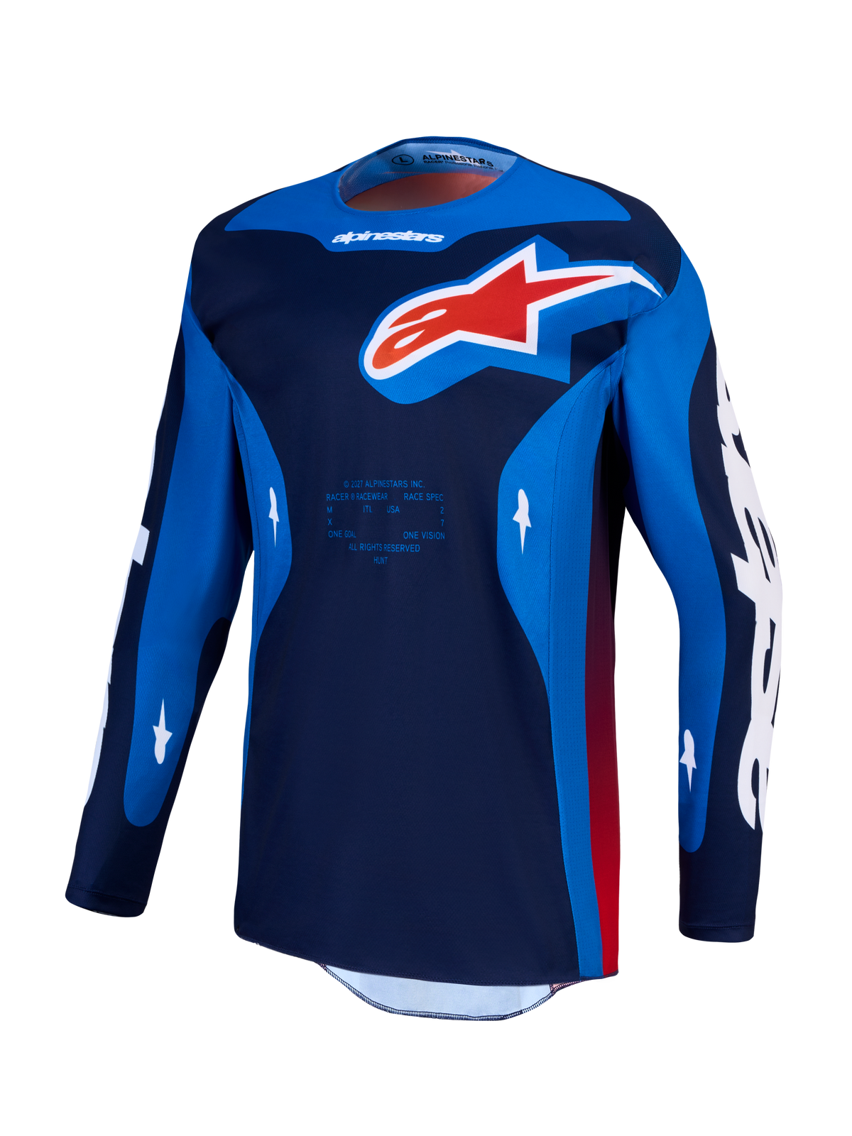 Alpinestars Racer Hunt Trikot, Herren-Motocross-Ausrüstung, Navyblau und Königsblau mit rotem Logo, Performance Offroad-Bekleidung