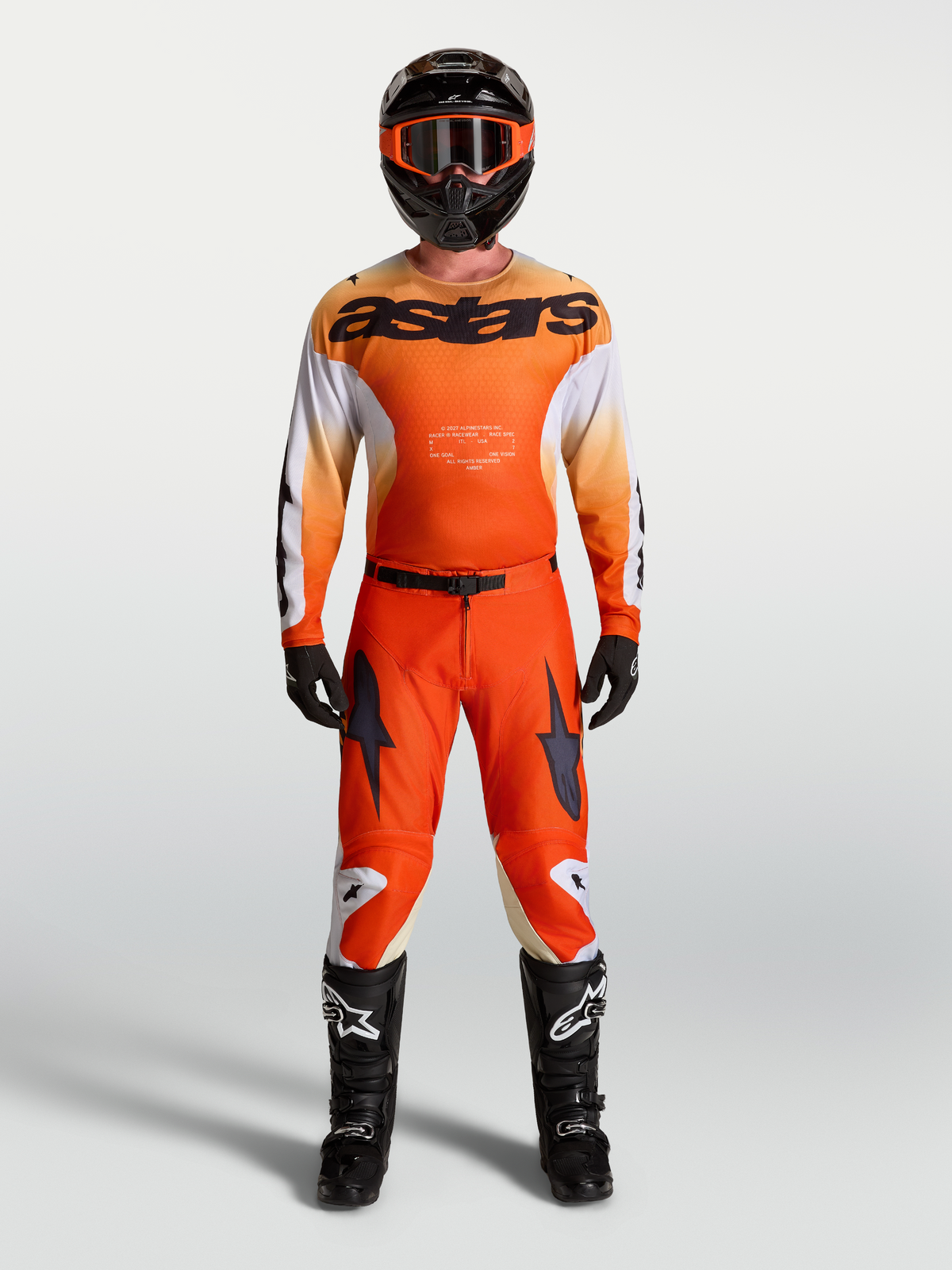 Alpinestars 2027 Racer Amber Gear Set und 2027 Racer Amber Hose, Motocross-Outfit, Orange und Schwarz, für Rennleistung.
