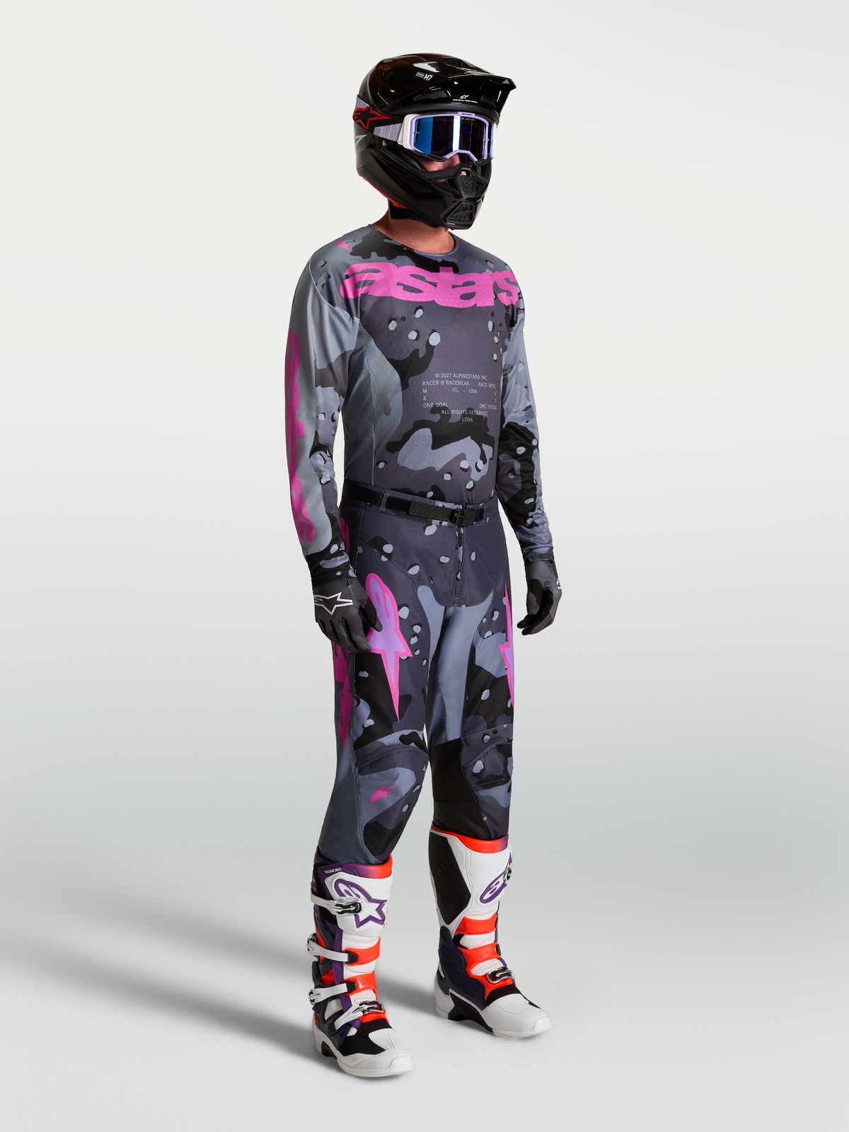 Alpinestars Racer Lone Trikot und Ausrüstungsset, Motocross-Racing, Herren, Grau-Camo und Lila, mit Hose und Stiefeln