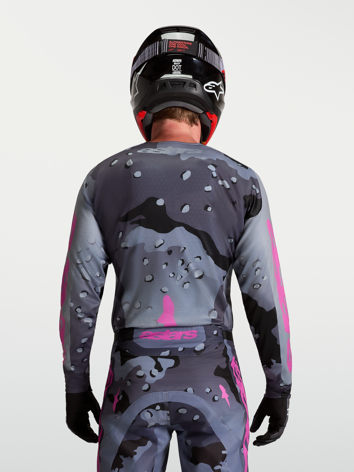 Alpinestars Racer Lone Jersey, Men's Motocross Jersey, Gray Camo and Purple, back view, moisture-wicking polyfabric.