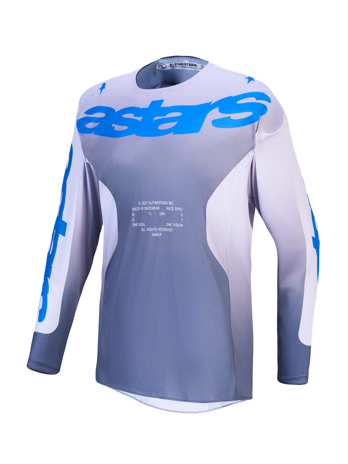 Alpinestars Racer Amber Trikot, Herren-Motocross-Trikot in Grau und Blau, feuchtigkeitsableitendes, belüftetes Polygewebe.