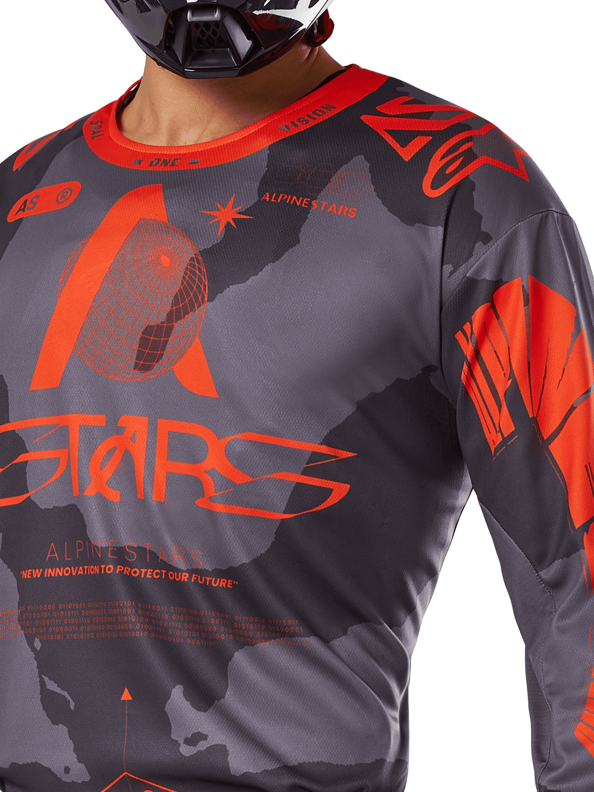 Alpinestars 2025 Racer Hollow Trikot, Motocross-Trikot, Grau-Camo und Orange Fluo, mit großem orangefarbenem Alpinestars-Branding und technischen Grafiken, Rundhalsausschnitt, entwickelt für leistungsstarkes Offroad-Fahren