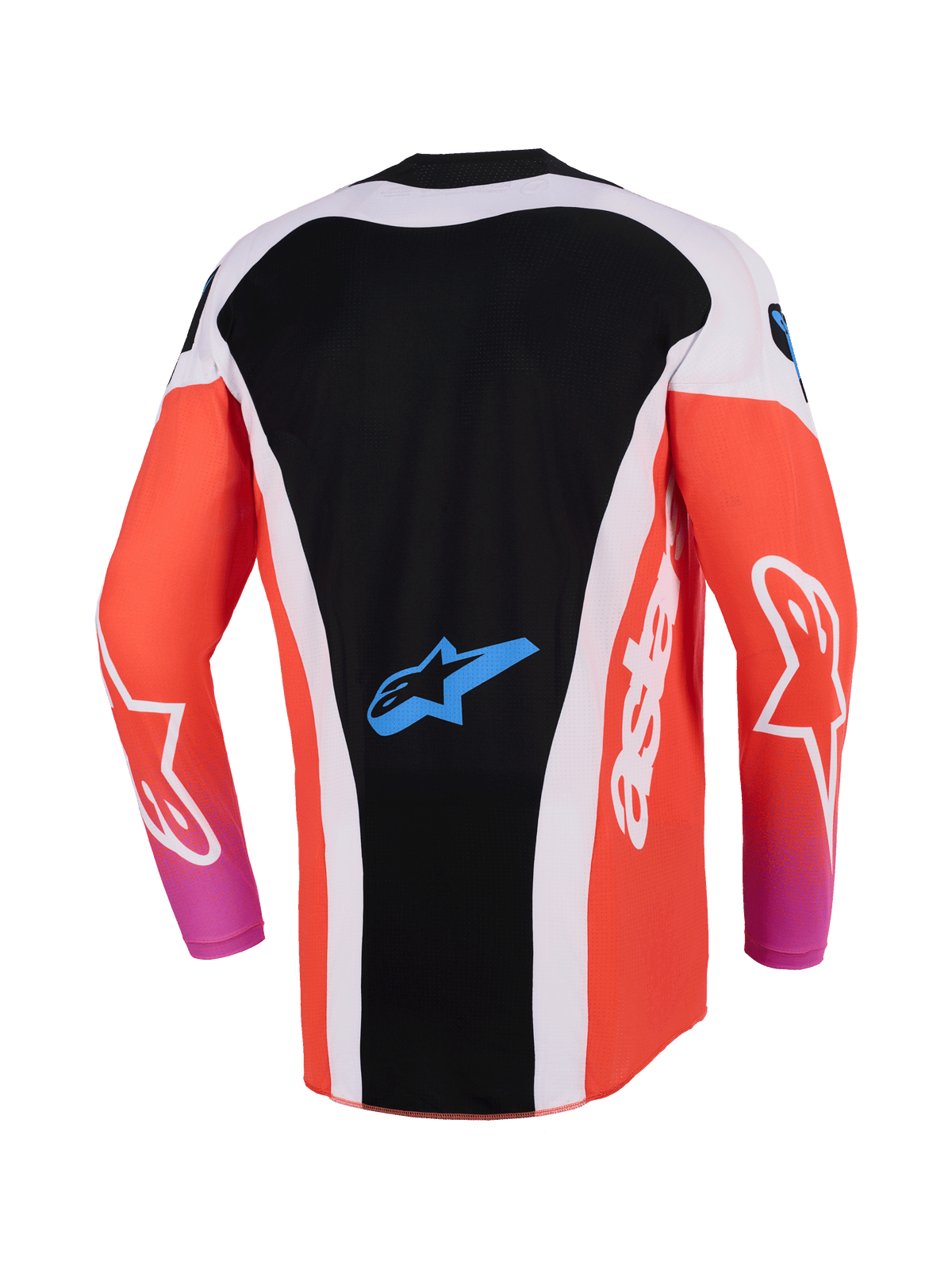Alpinestars 2026 Techstar Knif Trikot, Motocross-Trikot, Schwarz und Fluo-Orange, Rückansicht mit verlängertem Rückenteil, weiße Seiteneinsätze, blaues Astar-Logo am unteren Rücken, langärmlig, Hochleistungs-Rennausrüstung
