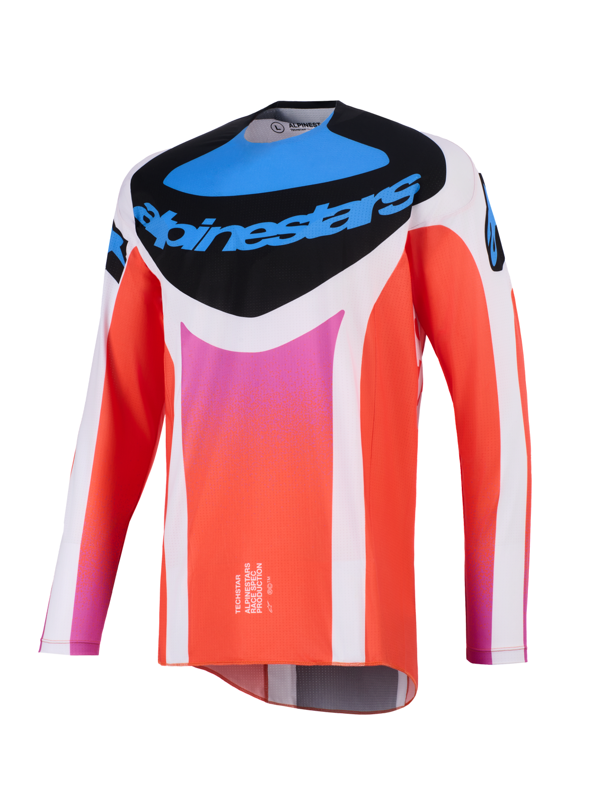 Alpinestars 2026 Techstar Knif Jersey, Motocross-Jersey, Weiß und Orange mit blauen und pinken Akzenten, schwarzes Brustpanel mit Alpinestars-Logo, technische Langarm-Rennausrüstung für Offroad-Performance.