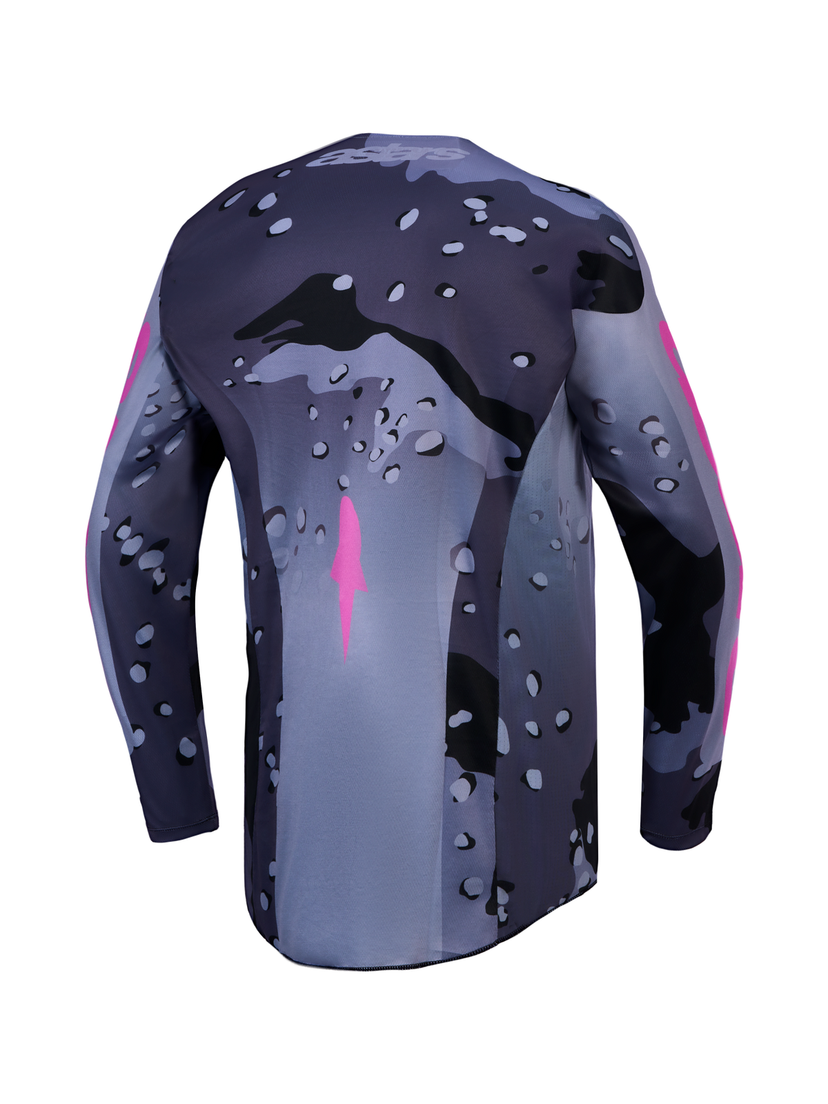 Alpinestars Racer Lone Trikot, Herren-Motocross-Trikot, Grau-Camo, Violett, Rückansicht, feuchtigkeitsableitendes Polygewebe
