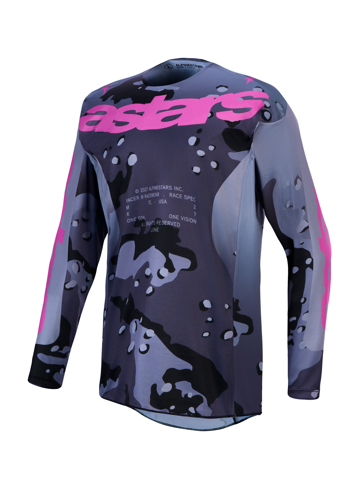 Alpinestars Racer Lone Trikot, Herren-Motocross-Trikot, Grau-Camo und Lila, feuchtigkeitsableitendes Polygewebe.