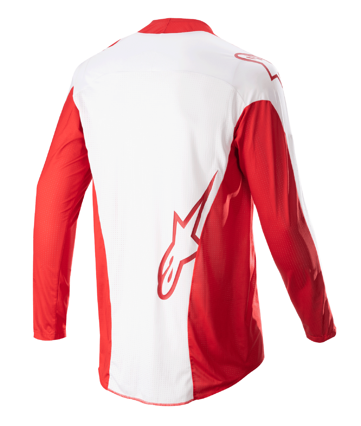 Alpinestars 2023 Techstar Arch Jersey, Motocross-Trikot, Mars Red und Weiß, Rückansicht mit weißem Mittelpaneel und roten langen Ärmeln, rotes Astars-Logo auf dem unteren Rücken, Mesh-Belüftungseinsätze und verlängerte Rückseite für optimale Abdeckung beim Offroad-Rennsport.