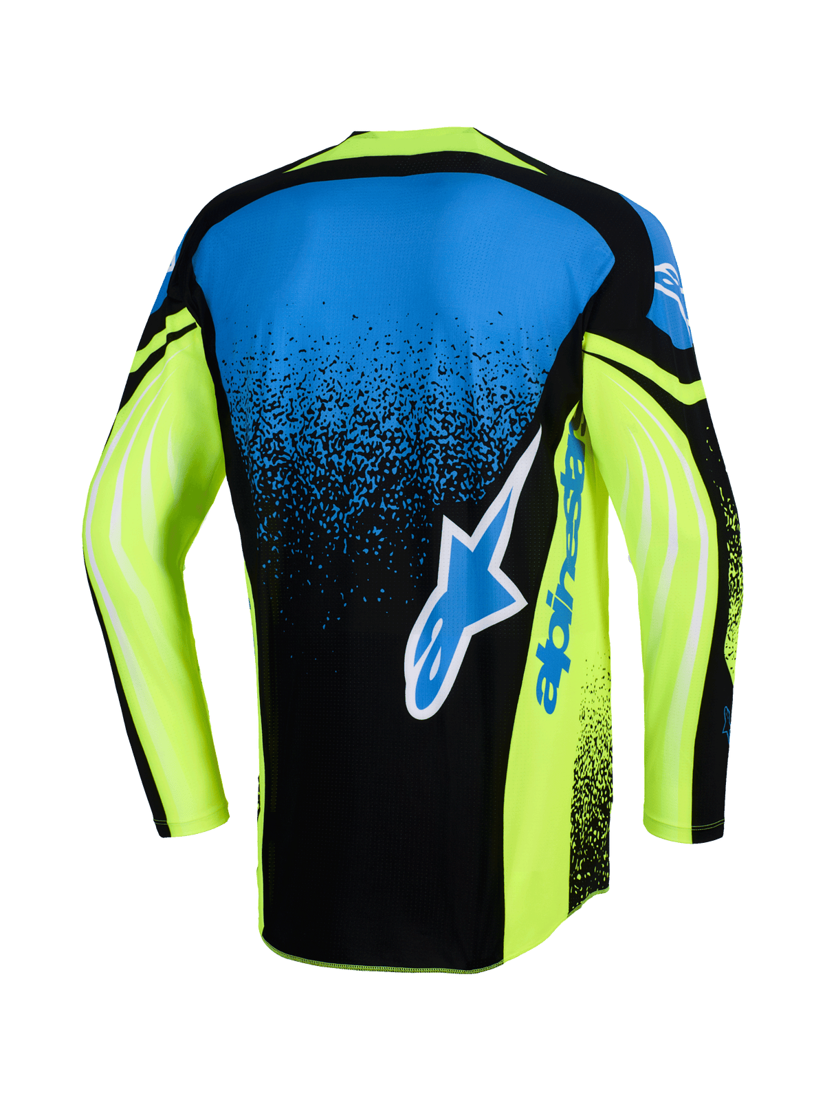 Alpinestars 2026 Techstar Nomur Trikot, Rückansicht, Motocross-Trikot, Dunkelblau, Gelb Fluo und Blau, mit großem Alpinestars-Logo auf der Rückseite, neongelben Ärmeln mit grafischen Akzenten und einer athletischen Rennpassform.
