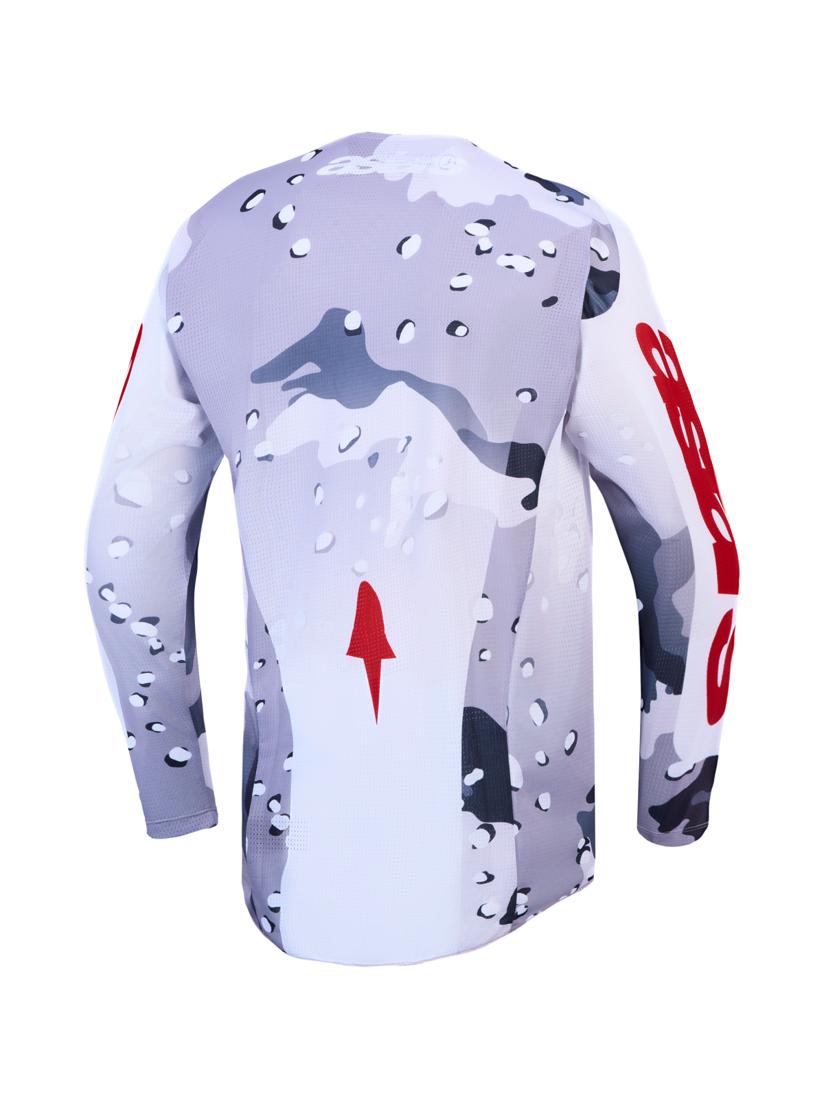 Alpinestars Racer Air Lone Trikot, Motocross-Rückansicht, Grau und Weiß mit Camouflage-Muster und roten Akzenten, belüftetes Mesh.