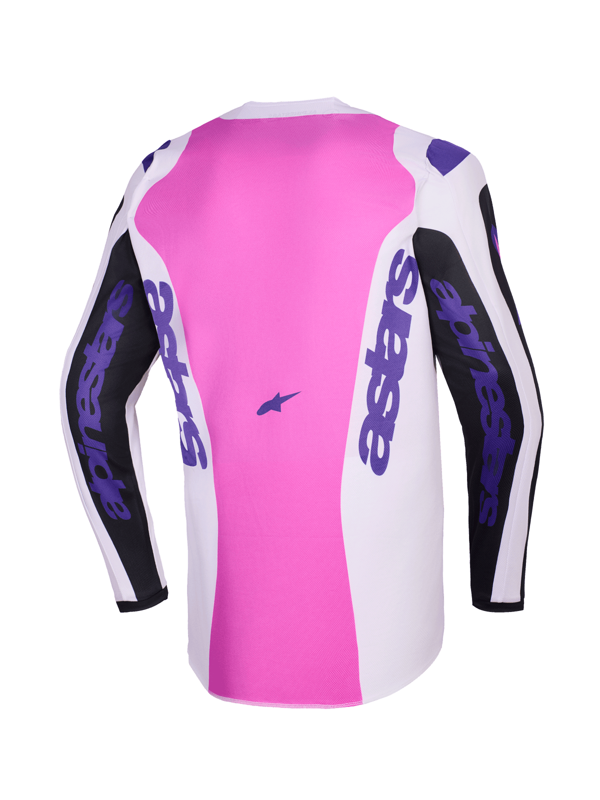 Alpinestars 2026 Fluid Grid Trikot, Rückansicht, Motocross-Trikot, Schwarz, Hellgrau und Lila, rosa Mittelteil mit weißen und schwarzen Abschnitten, lila Alpinestars-Branding auf Ärmeln und Seiten, feuchtigkeitsableitende Polygewebekonstruktion