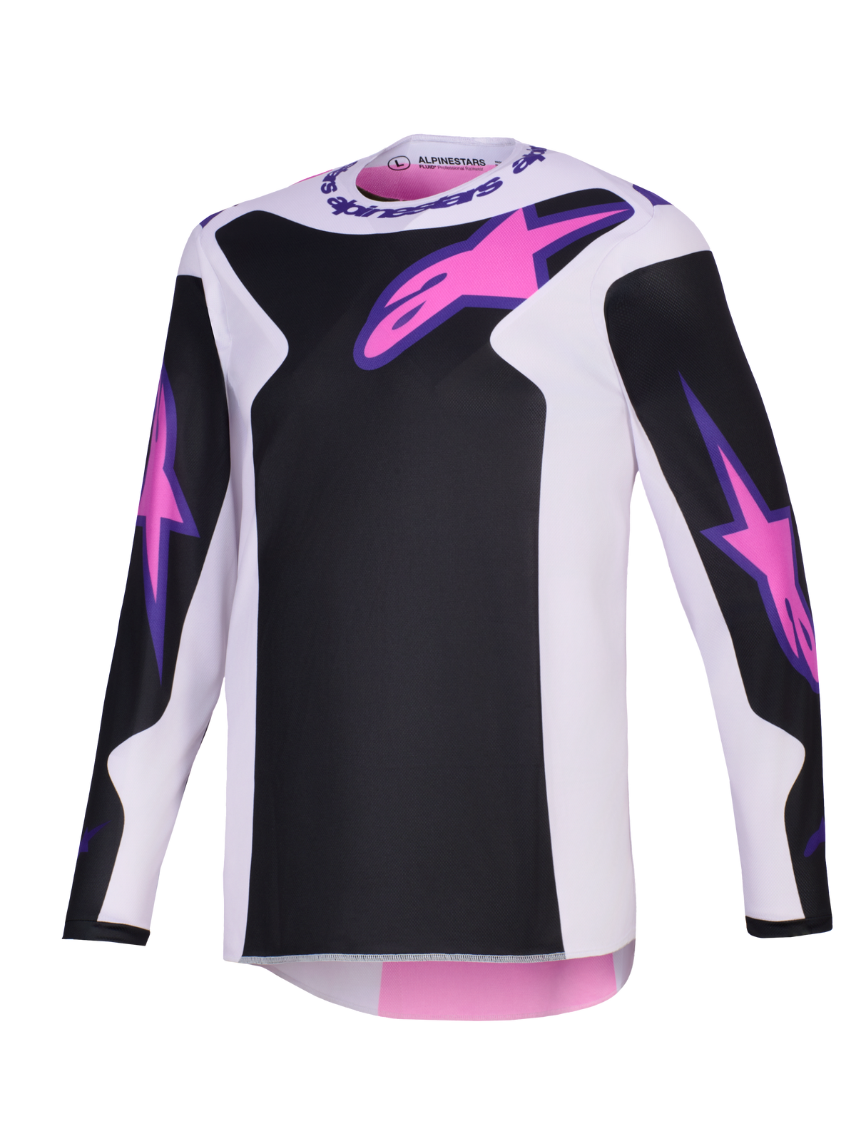 Alpinestars 2026 Fluid Grid Trikot, Motocross-Trikot, Schwarz, Hellgrau und Lila, mit pinkfarbenen Astars-Logos auf der Brust und den Ärmeln, schwarze Panele auf hellgrauer Basis, langärmelige sportliche Passform für den Offroad-Einsatz.