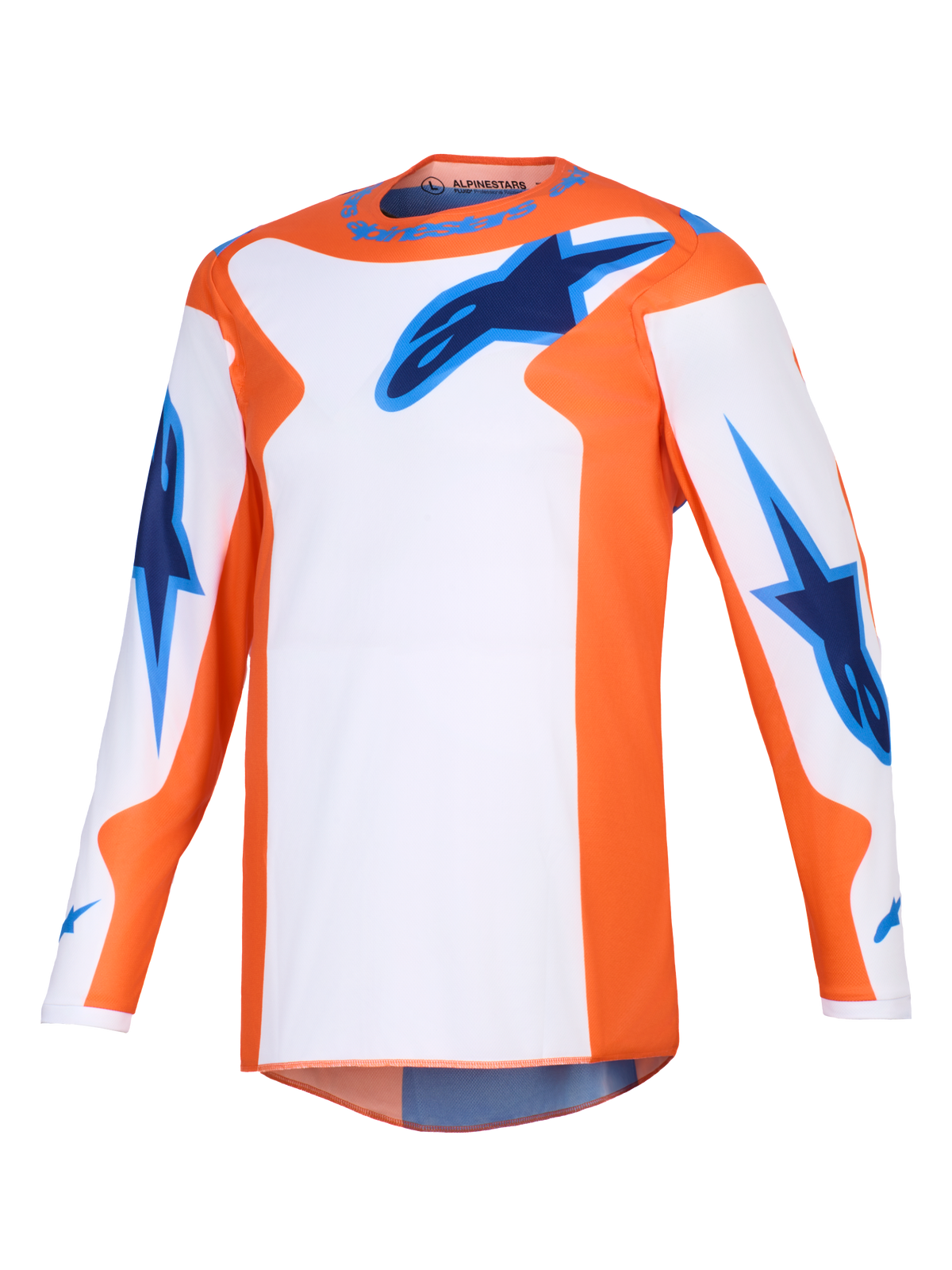Alpinestars 2026 Fluid Grid Trikot, Motocross-Trikot, Orange, Weiß und UCLA-Blau, Langarm-Performance-Ausrüstung mit blauen Stern-Logos auf der Brust und den Ärmeln, sportliche Passform für Offroad-Einsätze.