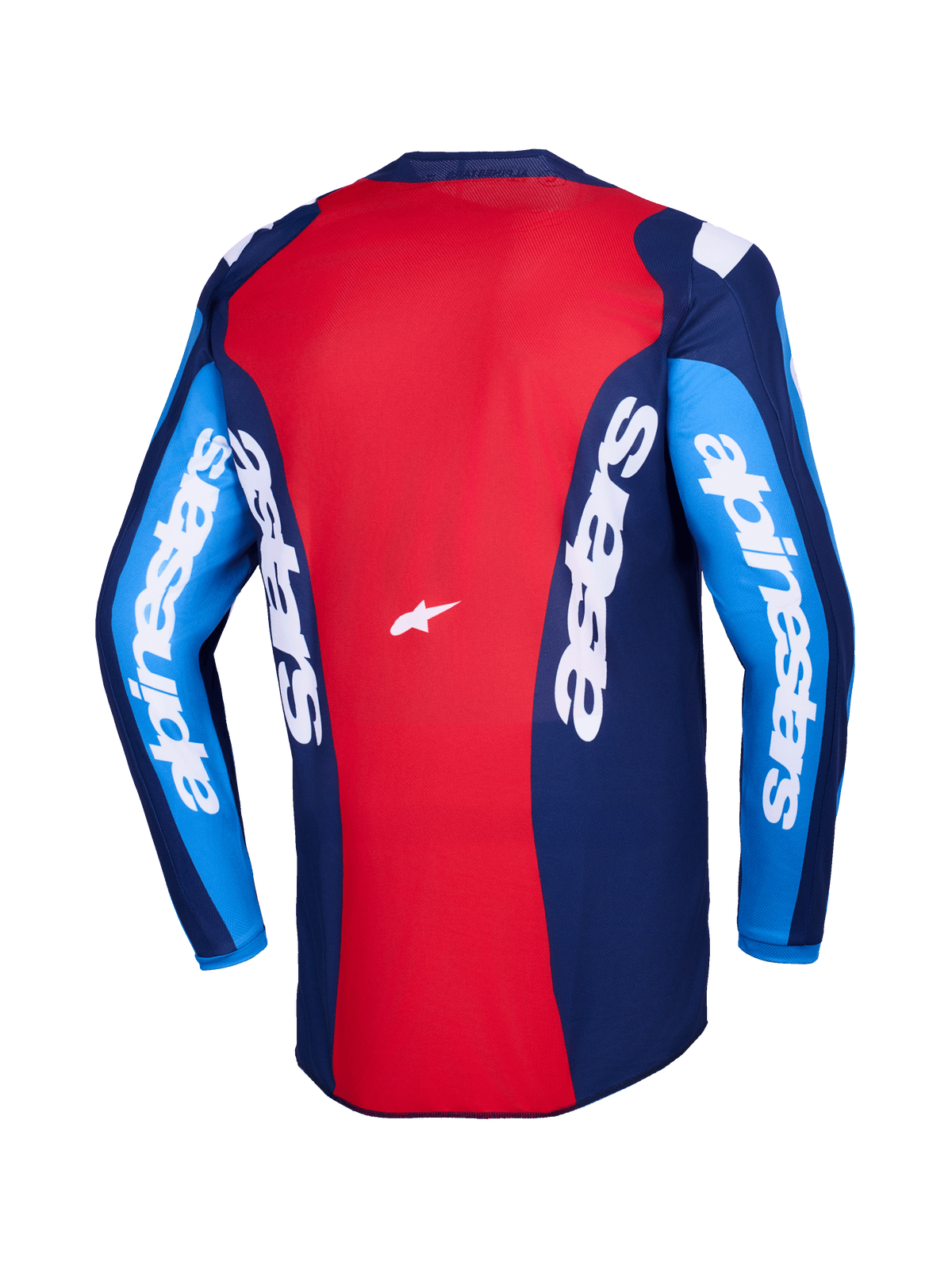 Alpinestars 2026 Fluid Grid Trikot, Rückansicht, rot-blaues Motocross-Trikot, mit markantem weißem Alpinestars-Branding auf Ärmeln und Rücken, leichtes Polygewebe-Design für Offroad-Fahrten