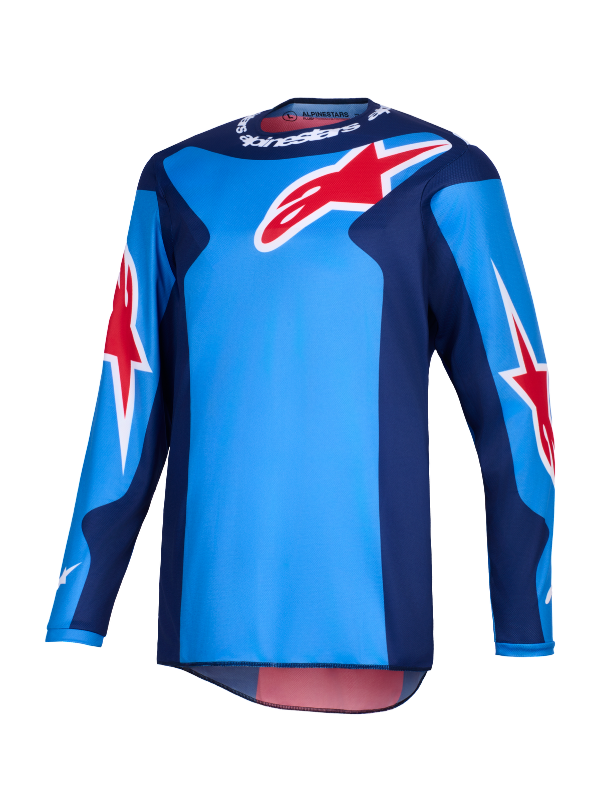 Alpinestars 2026 Fluid Grid Jersey, Motocross-Trikot, Blau und Rot, mit großen roten Alpinestars-Sternlogos, dunkelblauen Seiteneinsätzen, leichte Polygewebe-Konstruktion mit verlängerter Rückenpartie für Offroad-Fahrten
