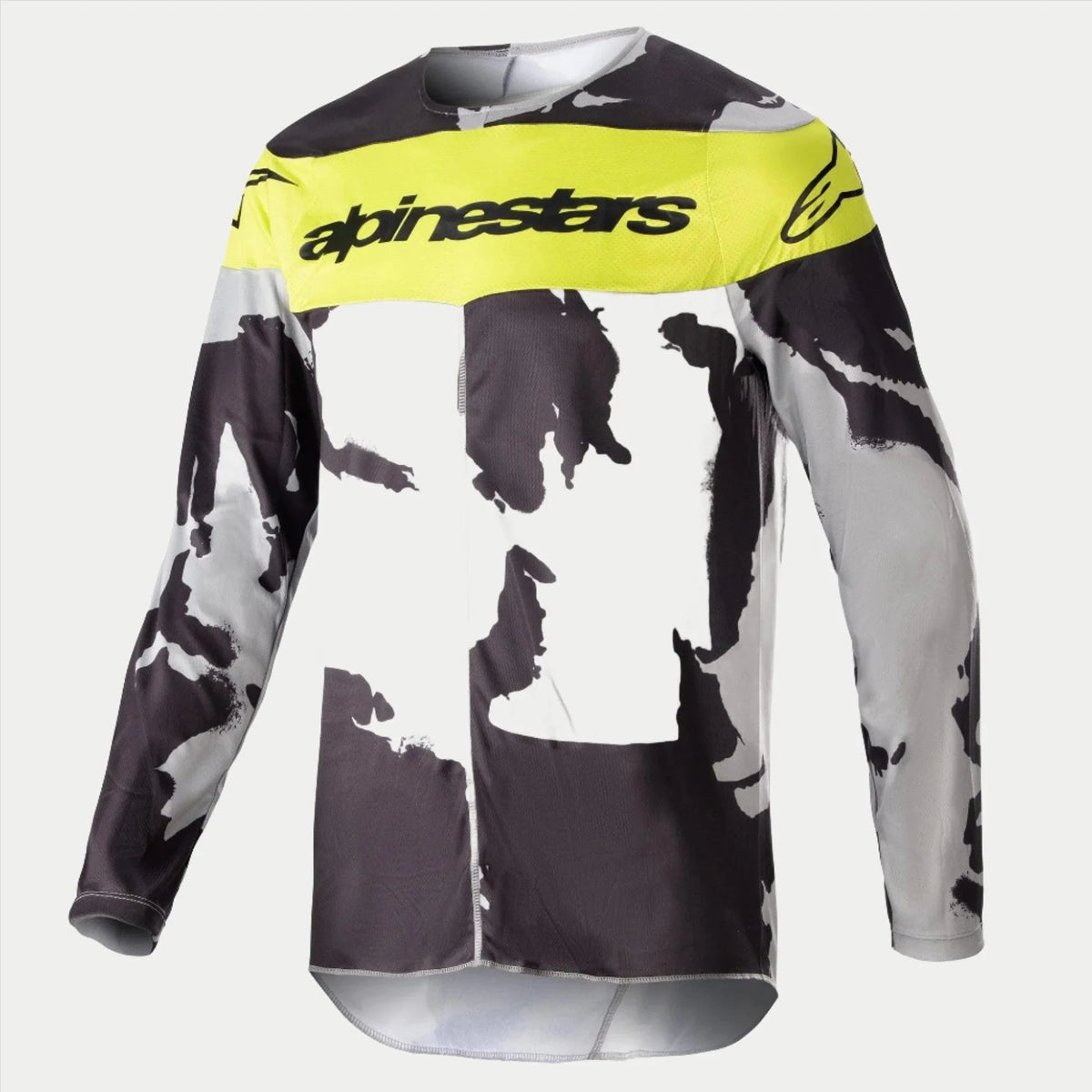 Alpinestars 2023 Racer Tactical Jersey, Motocross-Trikot, Cast Gray Camo und Yellow Fluo, mit grau-schwarzem Camouflage-Muster, einem leuchtend gelben Brusteinsatz und Alpinestars-Logo, strapazierfähige langärmelige Performance-Ausrüstung für den Offroad-Rennsport