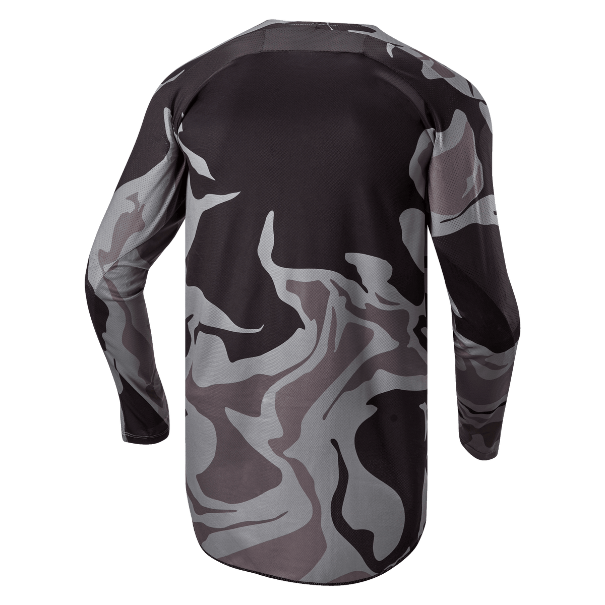 Alpinestars 2024 Racer Tactical Jersey, Motocross-Trikot, Cast Gray Camo Magnet, Rückansicht mit grau-schwarzem Camouflage-Muster, atmungsaktives Gewebe und ein verlängerter Rückensaum für zusätzliche Abdeckung