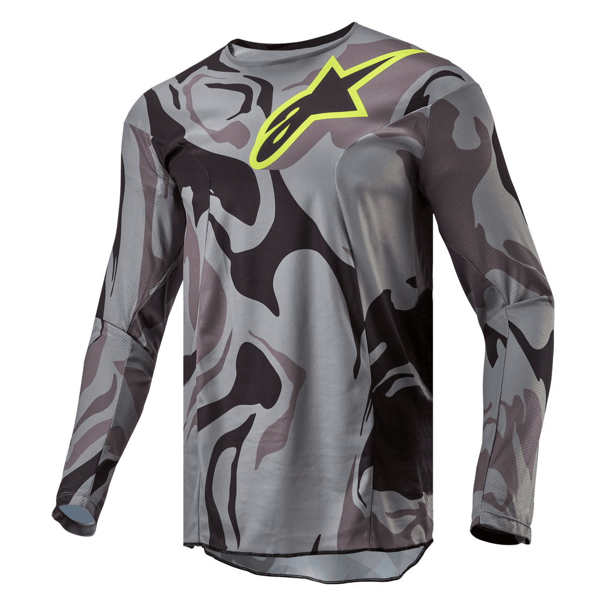 Alpinestars 2024 Racer Tactical Jersey, Motocross-Trikot, Cast Gray Camo Magnet, grau-schwarzes Camouflage-Muster mit einem leuchtend gelben Alpinestars-Logo auf der Brust, langärmlig, Performance-Offroad-Fahrerausrüstung