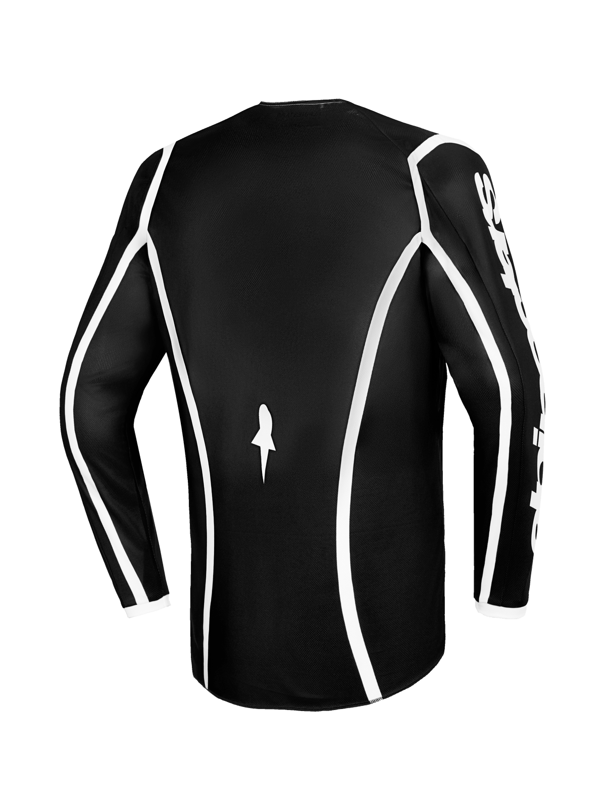 Alpinestars 2026 Fluid Apex Trikot, Motocross-Trikot, Schwarz mit weißer geschwungener Paspelierung, Rückansicht zeigt ergonomischen Schnitt und kleines weißes Logo, Performance-Langarmtrikot für den Offroad-Rennsport