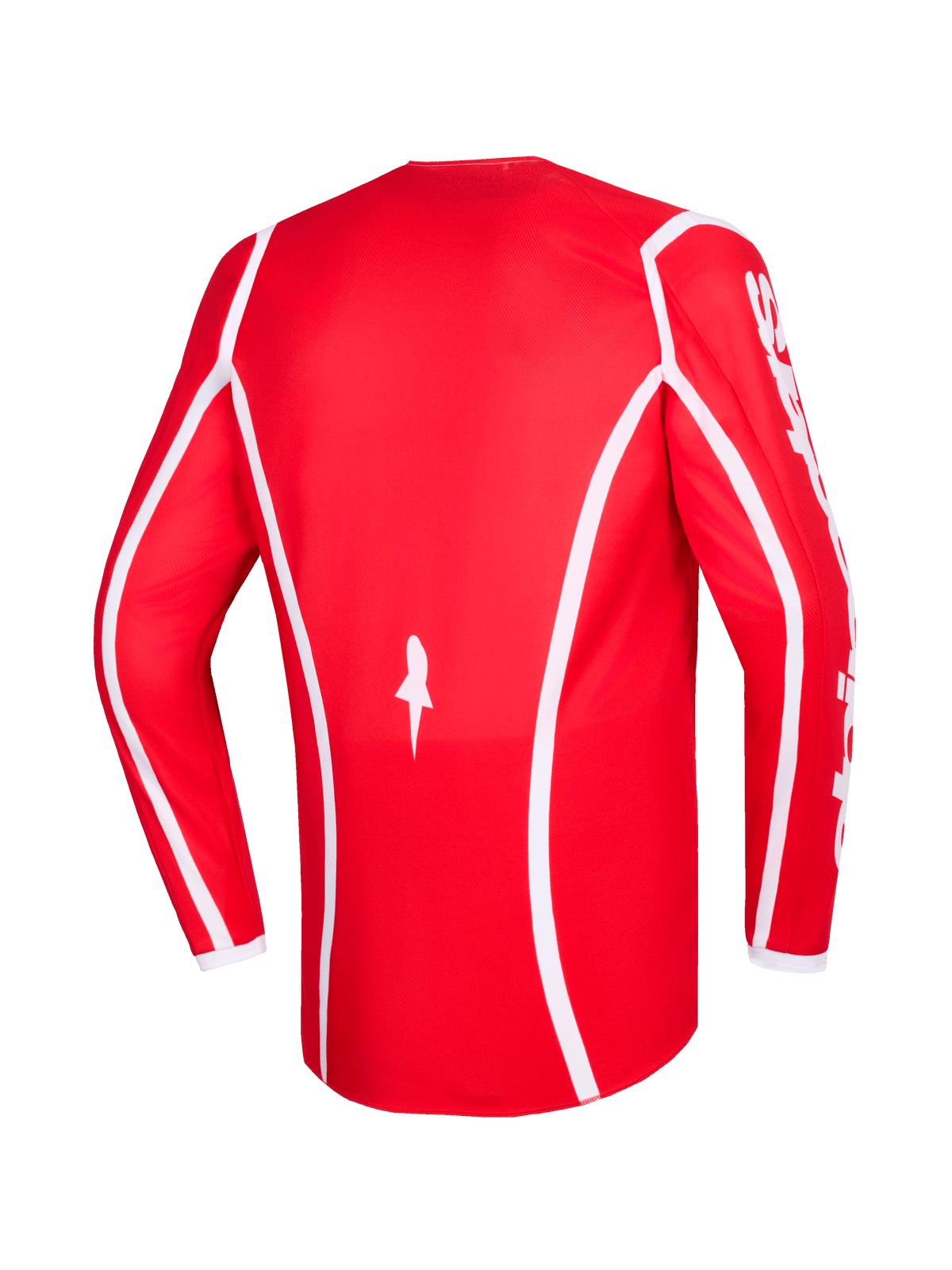 Alpinestars 2026 Fluid Apex Jersey, Red and White, back view of long-sleeve motocross jersey with white curved accent lines, star logo at the bottom, and white Alpinestars text on sleeves, designed for off-road racing