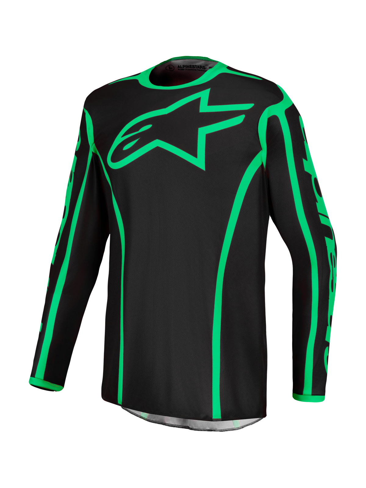 Alpinestars Fluid Apex V2 Trikot, Motocross-Trikot für Herren in Schwarz und Fluo-Grün, feuchtigkeitsableitend mit Stern-Logo.