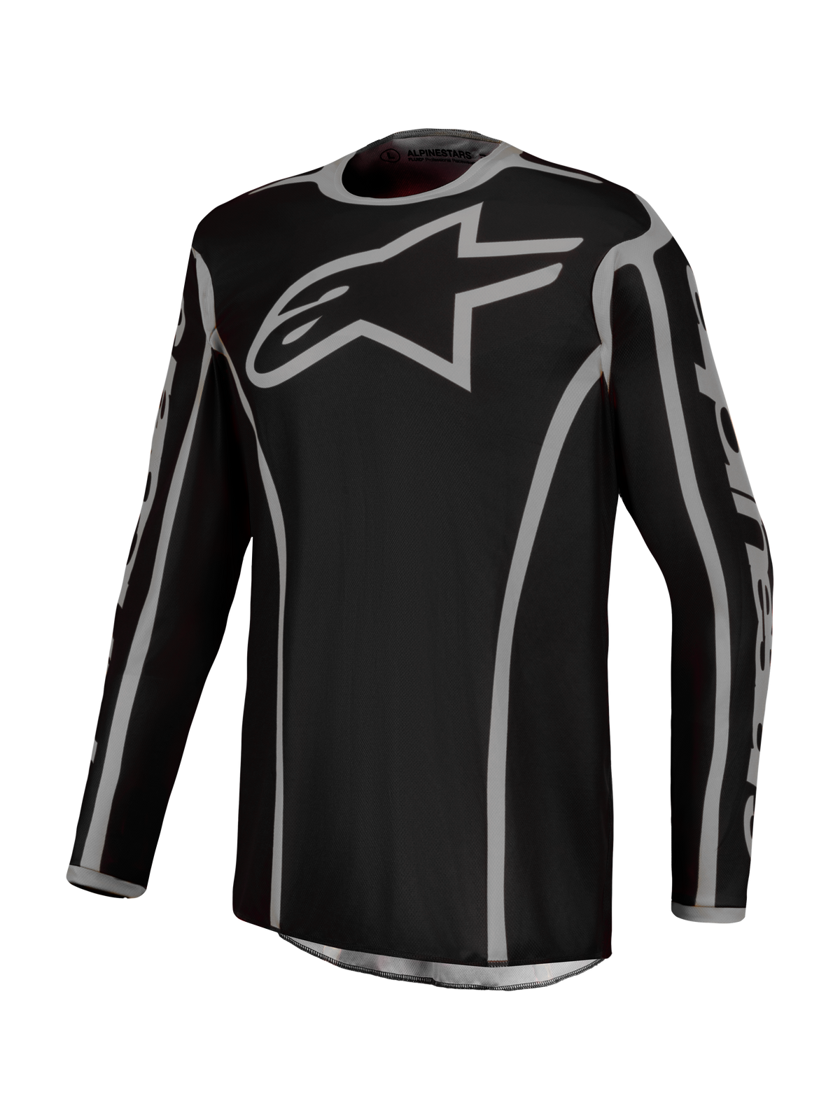 Alpinestars Fluid Apex V2 Trikot, Herren-Motocross-Trikot, Schwarz und Silber, atmungsaktives feuchtigkeitsableitendes Polygewebe, sportlicher Schnitt f$r Offroad-Fahrten.