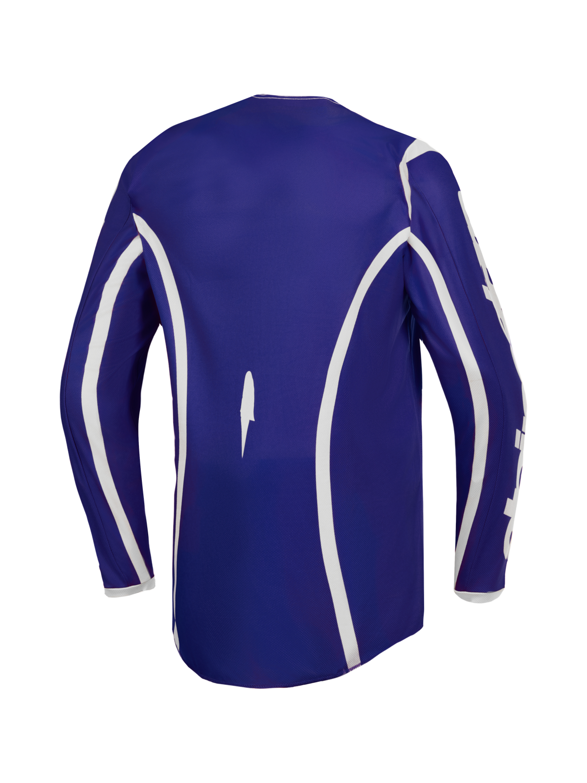 Alpinestars Fluid Apex V2 Herren-Motocross-Trikot in Blau und Weiß, Rückansicht mit verlängertem Rückenteil.