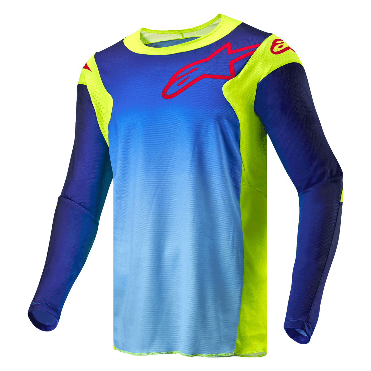 Alpinestars 2024 Racer Hoen Trikot, Motocross-Trikot, Gelb Fluo und Blau Night Navy, blauer Farbverlauf mit fluoreszierend gelben Einsätzen, rotes Alpinestars-Logo auf Brust und Schultern, langärmelige technische Offroad-Ausrüstung.