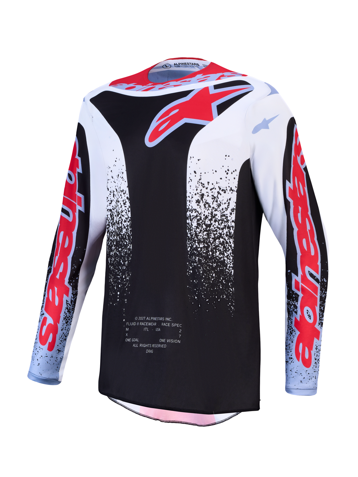 Alpinestars 2027 Fluid Drag Trikot, Herren-Motocross-Trikot in Schwarz, Weiß und Rot, feuchtigkeitsableitendes Material.