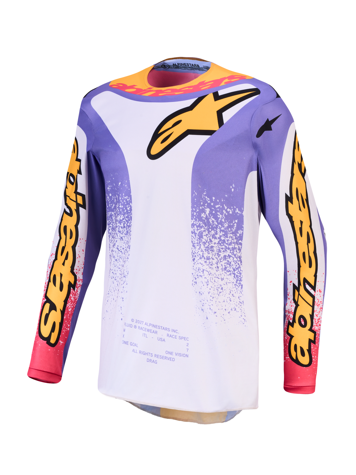 Alpinestars Fluid Drag Trikot, Herren-Motocross-Trikot, Helllila und Blau, feuchtigkeitsableitendes Polygewebe.