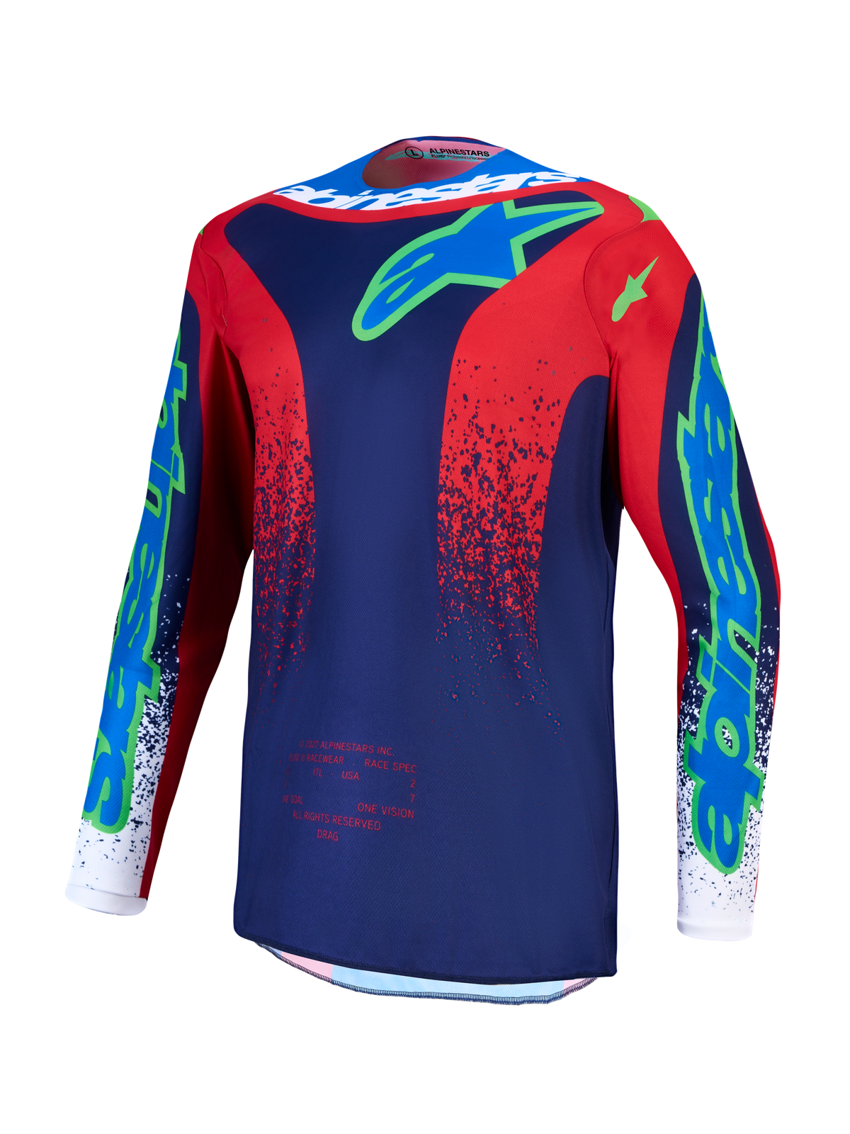 Alpinestars Fluid Drag Trikot, Motocross-Oberteil für Herren, Navyblau und Feuerrot, feuchtigkeitsableitendes Polygewebe mit limettengrünen Logos