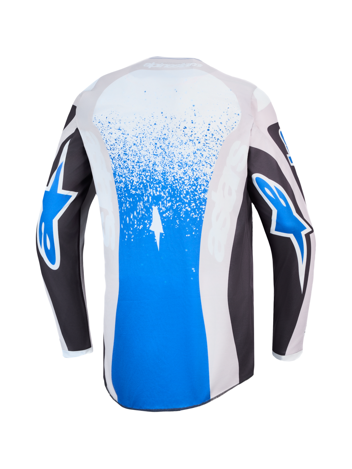 Alpinestars Fluid Drag Trikot, blaues und graues Motocross-Trikot, Rückansicht mit Splatter-Grafiken und Stern-Logos.