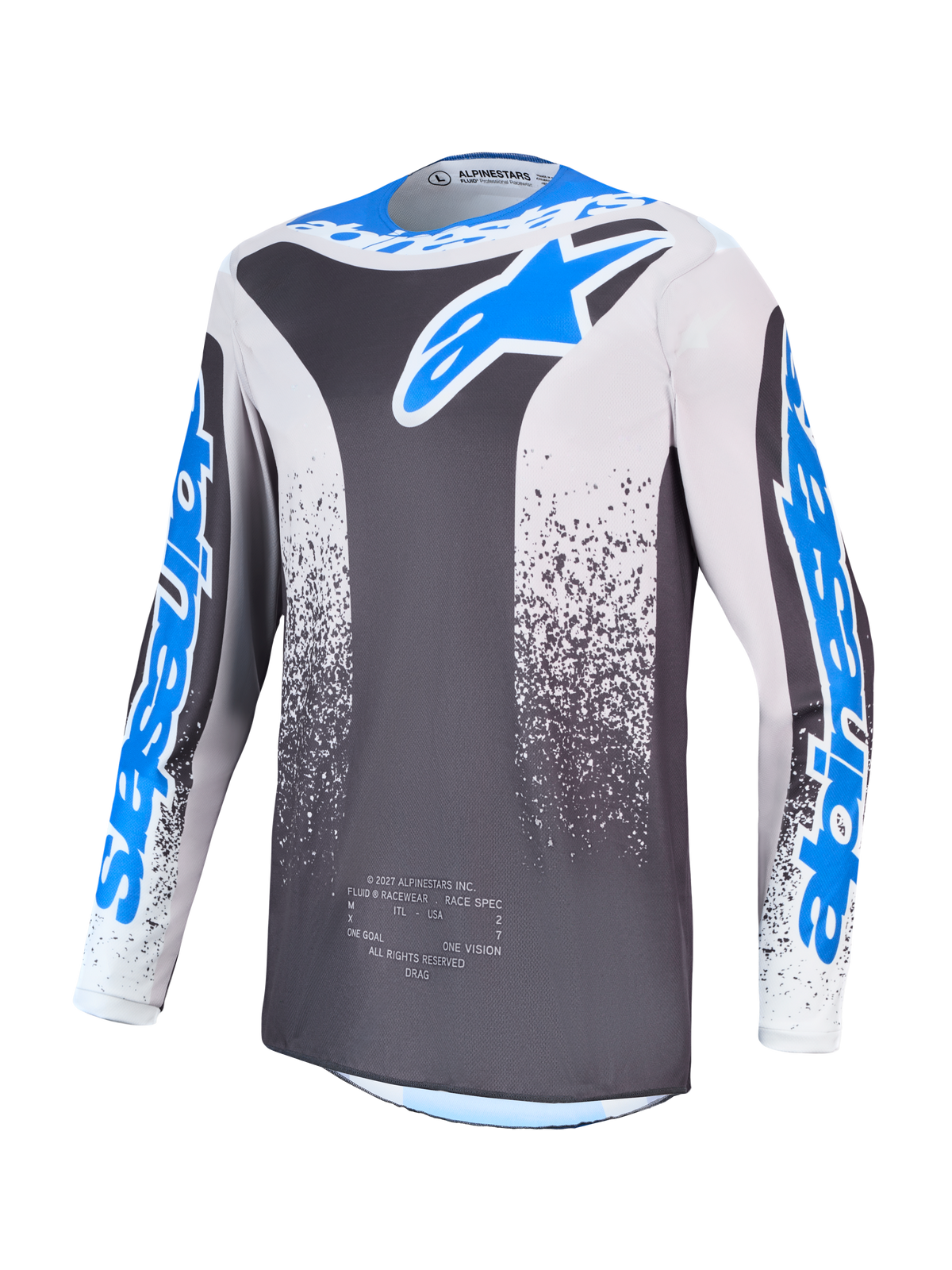 Alpinestars Fluid Drag Trikot, Motocross-Trikot für Herren, Grau und Blau, feuchtigkeitsableitende Polygewebekonstruktion.