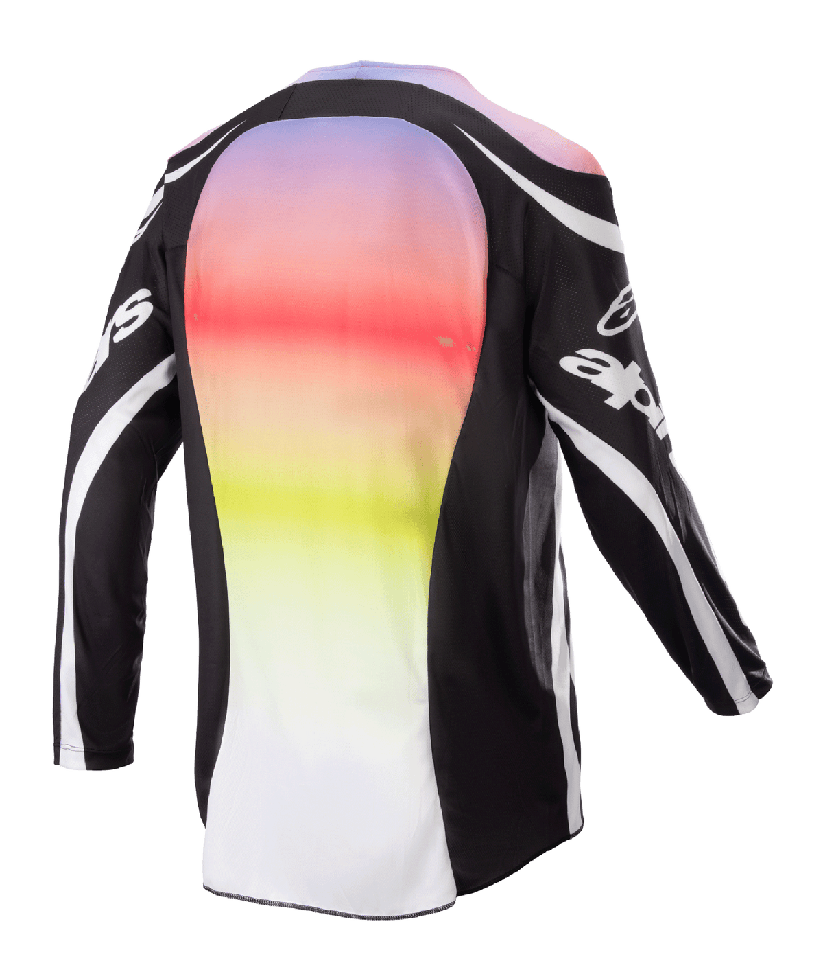 Alpinestars 2023 Racer Semi Jersey, Motocross-Trikot, Schwarz Mehrfarbig, Rückansicht mit großem zentralen Panel mit lebhaftem Farbverlauf von Lila zu Gelb, schwarze Ärmel und Schultern mit weißen Logo-Akzenten und geschwungenen Linien, entwickelt für Offroad-Performance
