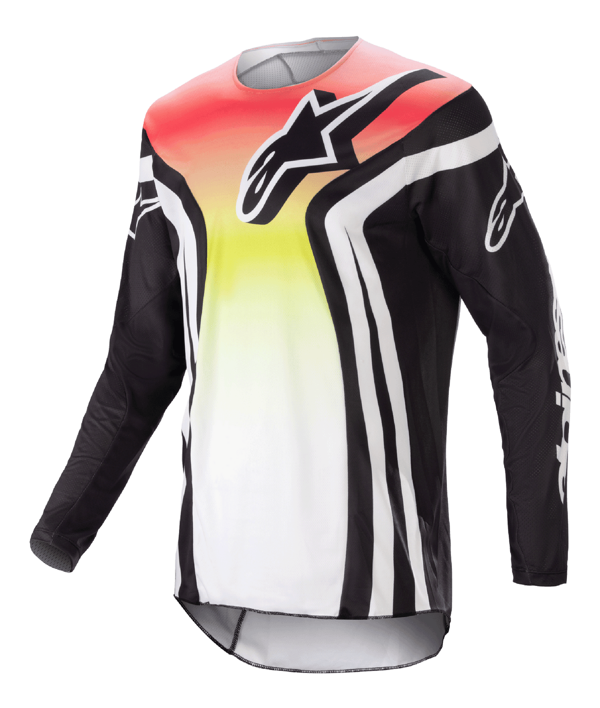 Alpinestars 2023 Racer Semi Jersey, Motocross-Langarmtrikot, Schwarz und Mehrfarbig mit rot-gelb-weißem Farbverlauf, markantes Brustlogo und weiße Ärmelstreifen, leichtes, feuchtigkeitsableitendes Material für Offroad-Performance