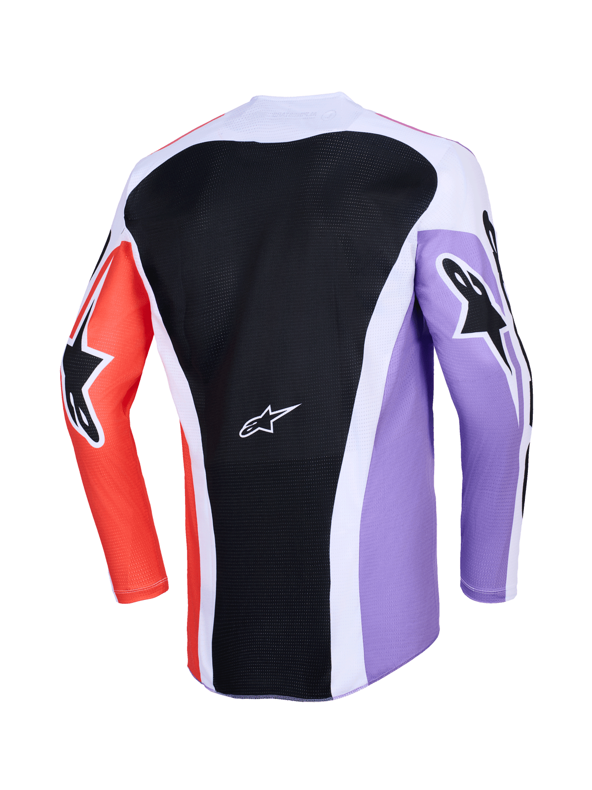 Alpinestars 2026 Racer Air Portl Trikot, Rückansicht des langärmeligen Motocross-Trikots, mehrfarbiges Design mit schwarzem Mesh-Rückeneinsatz, lila und orangefarbene Ärmel mit schwarzen Stern-Logos, weiße Akzente, atmungsaktive Konstruktion für den Offroad-Sport