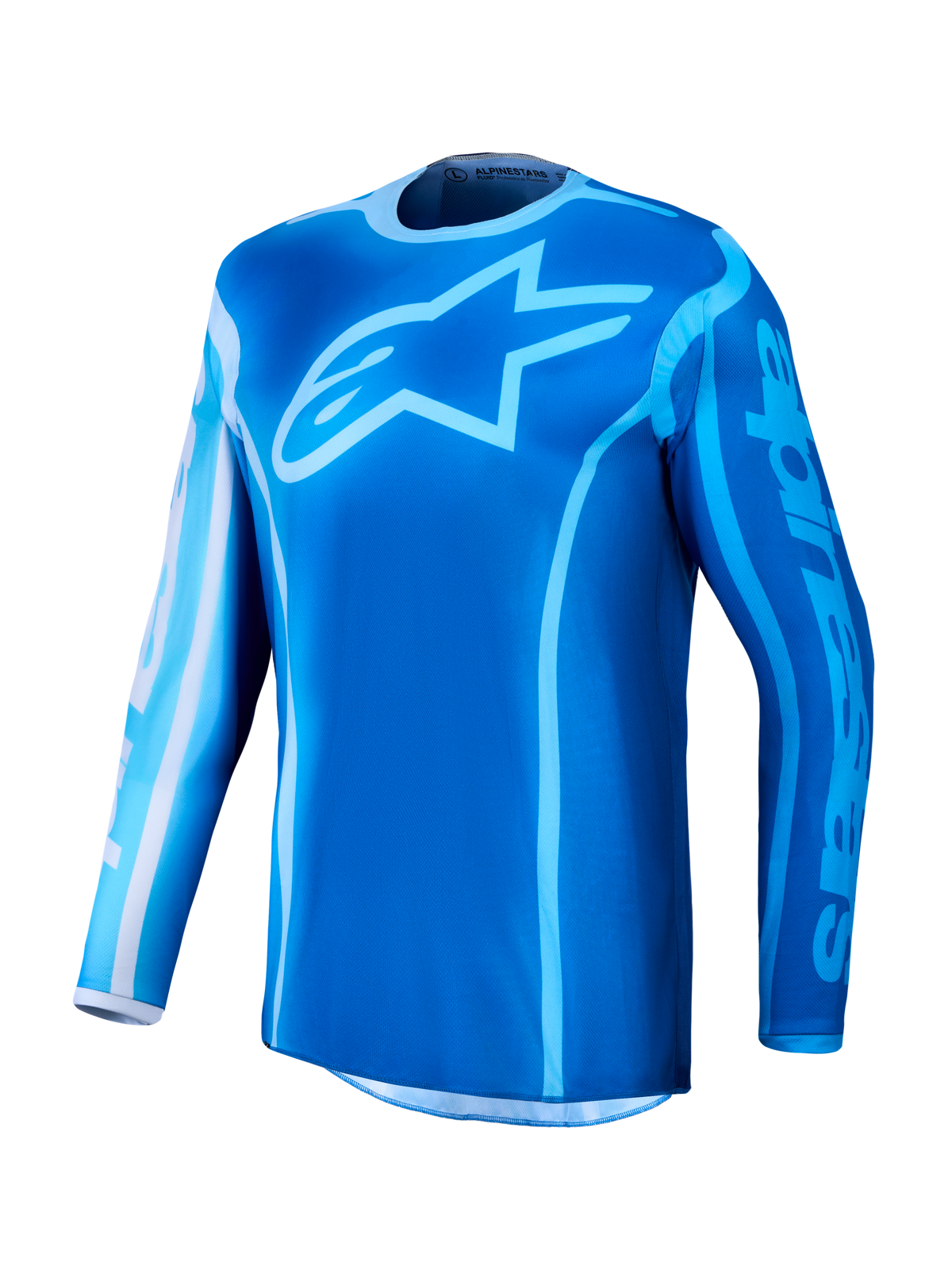 Alpinestars Fluid Kepler Trikot 2027, Motocross-Trikot, Blau und Hellblau, feuchtigkeitsableitendes Polygewebe, großes Stern-Logo auf der Brust