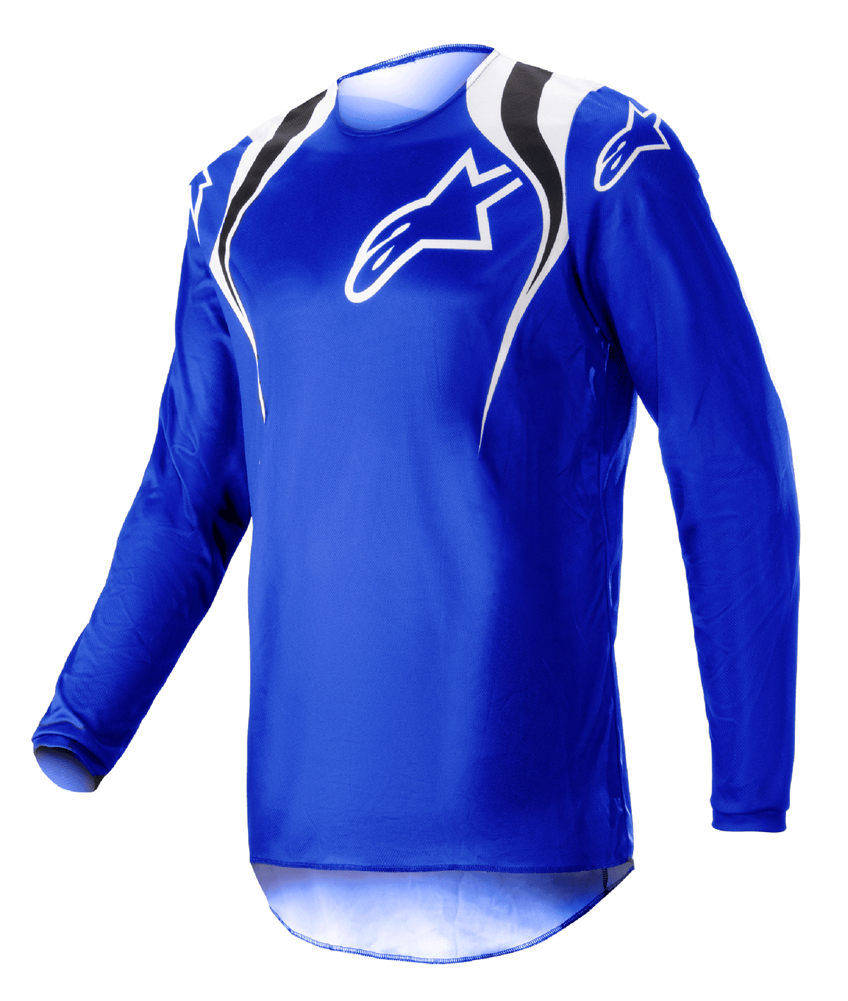 Alpinestars 2023 Fluid Narin Jersey, Motocross Jersey, Blue Ray White, featuring white and black shoulder accents and a white chest logo, lightweight long-sleeve design for off-road racing
