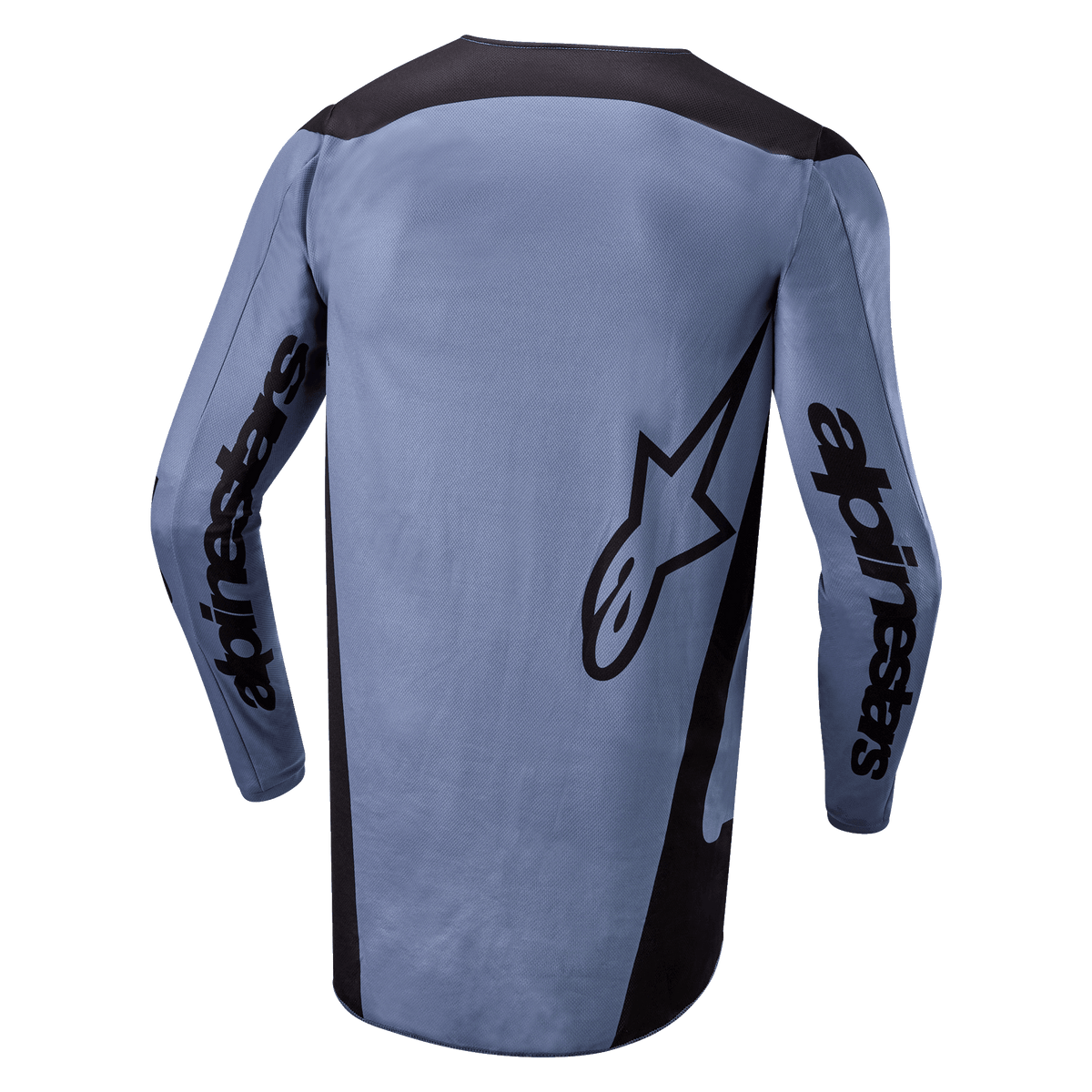 Alpinestars 2024 Fluid Lurv Jersey, Motocross-Trikot, Hellblau und Schwarz, Rückansicht mit Alpinestars-Schriftzug auf den Ärmeln und Stern-Logo auf dem Rücken, verlängerter Rückensaum, atmungsaktives Funktionsgewebe für den Offroad-Rennsport