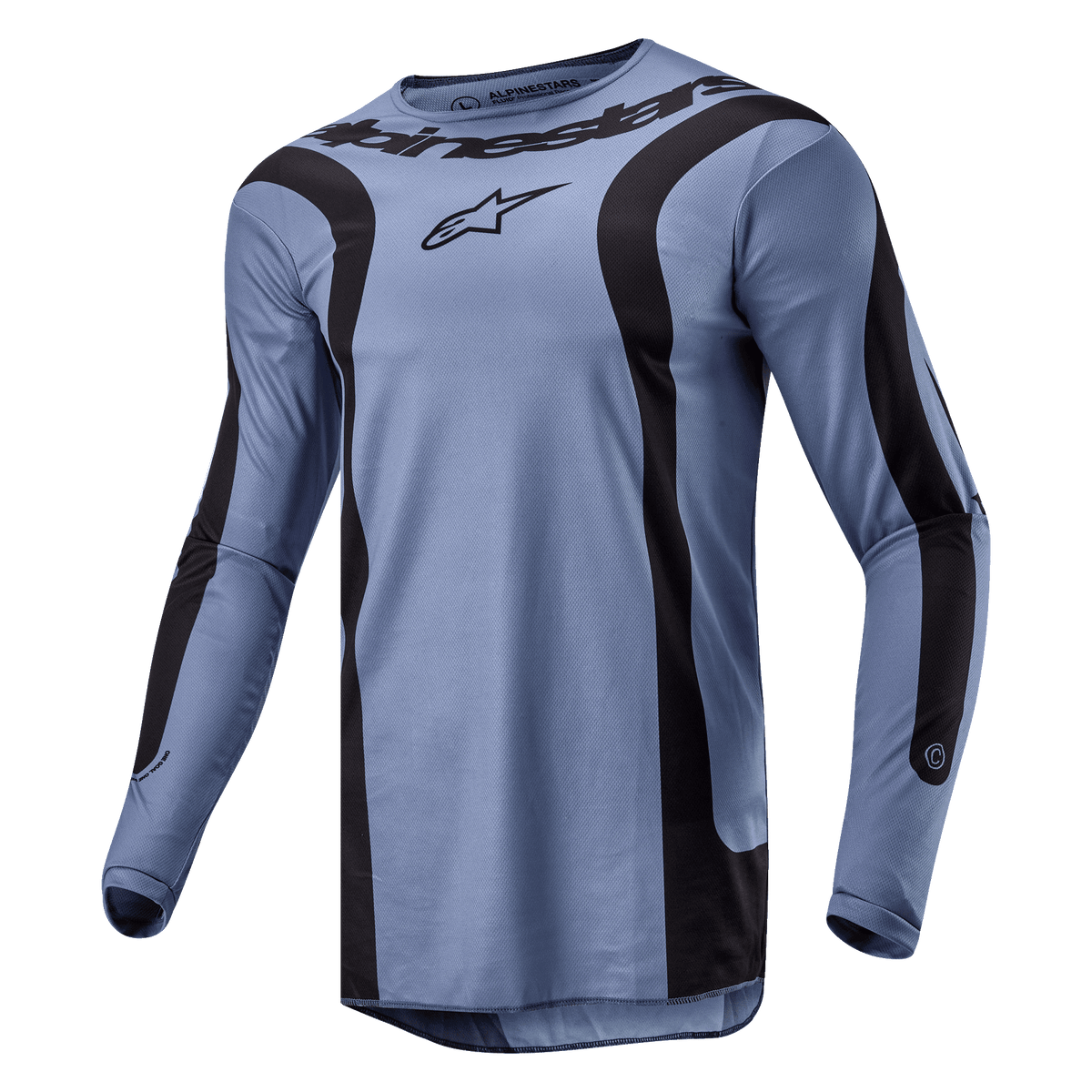 Alpinestars 2024 Fluid Lurv Trikot, Motocross-Trikot, Hellblau und Schwarz, mit markanten geschwungenen schwarzen Grafiken auf der Vorderseite und den Ärmeln, zentralem Alpinestars-Logo auf der Brust und einer Konstruktion aus Funktions-Poly-Gewebe mit Sportkragen.