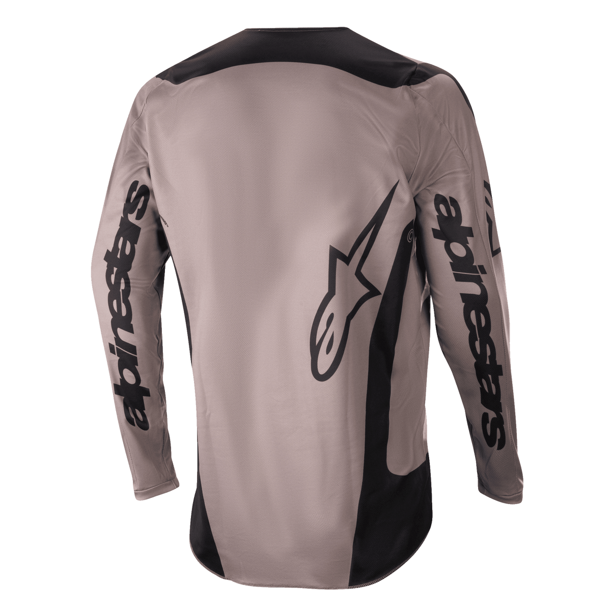 Alpinestars 2024 Fluid Lurv Jersey, Motocross Jersey, Mud Black, back view showing large Alpinestars branding on the sleeves and lower back, black panels on shoulders and sides, performance off-road riding gear