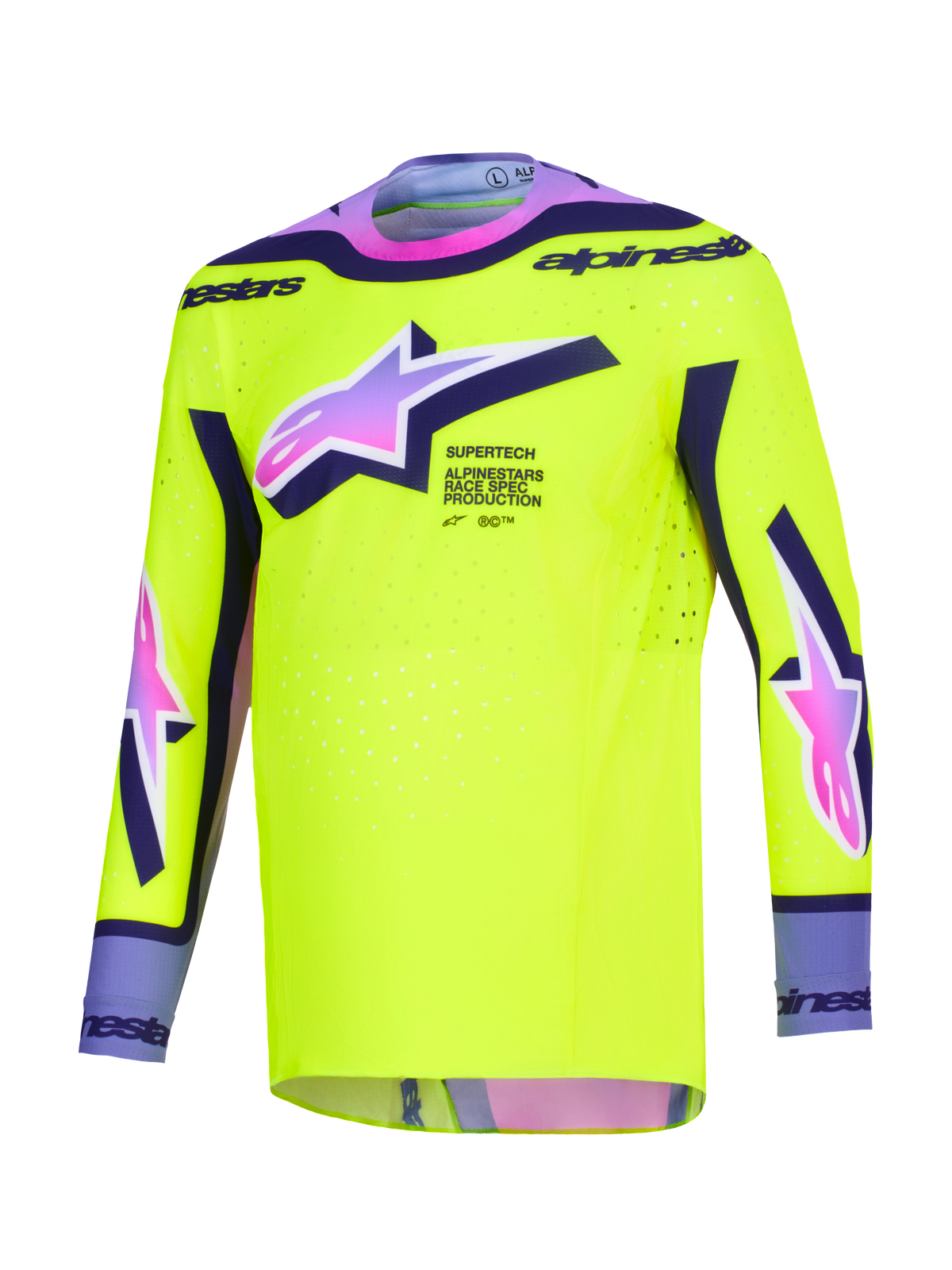 Alpinestars 2026 Supertech Vista Trikot, Motocross-Trikot, leuchtendes Gelb mit violetten und schwarzen Akzenten, Astars-Logos mit Farbverlauf von Pink zu Violett, athletische Rennpassform mit lasergeschnittenen Perforationen für Offroad-Racing-Performance